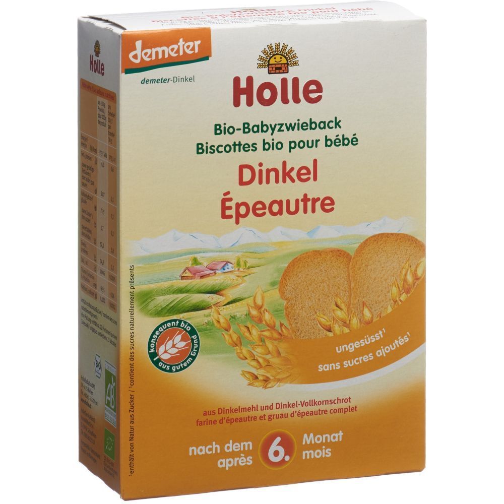 Holle Biscuits bio pour bébé Épeautre: Biscuits complets à l'épeautre pour bébés dès 6 mois. Non sucrés, sans sucres ajoutés.
