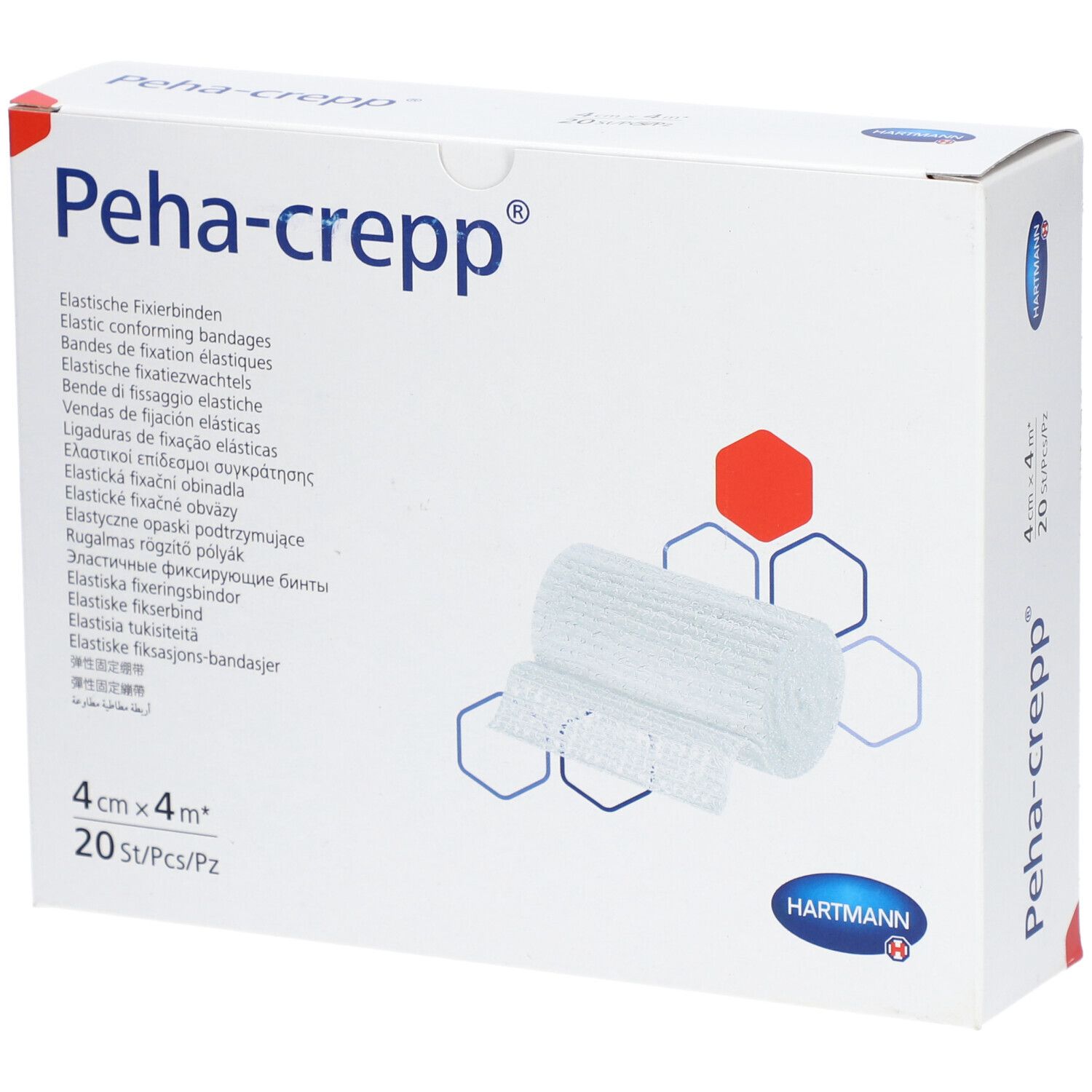 Witte verpakking met Peha-crepp®-logo en productafbeelding. Bevat 20 elastische fixatiezwachtels, 4 cm x 4 m.