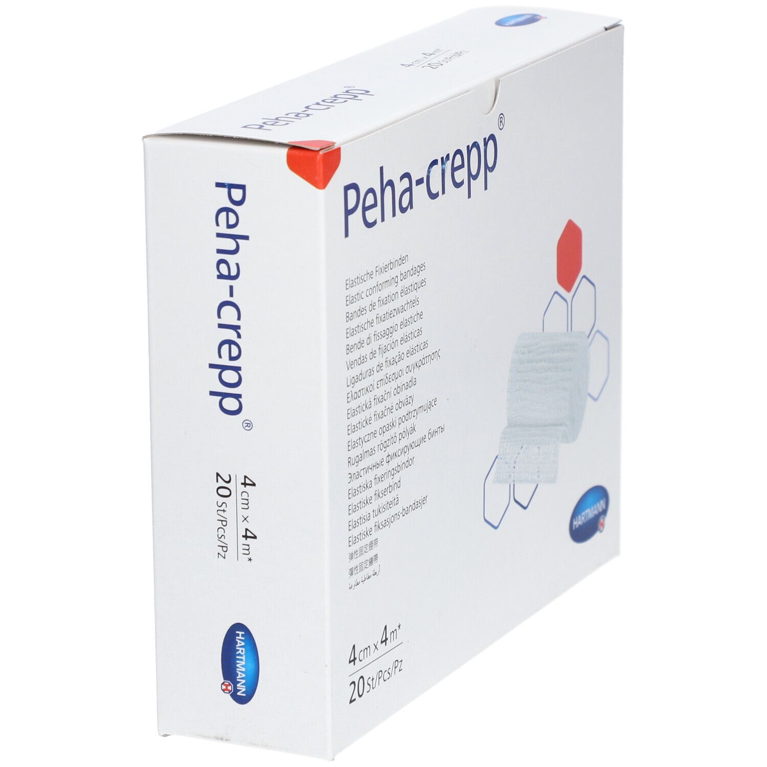 Schuin geplaatste witte verpakking met Peha-crepp®-logo. Bevat 20 elastische fixatiezwachtels, 4 cm x 4 m.