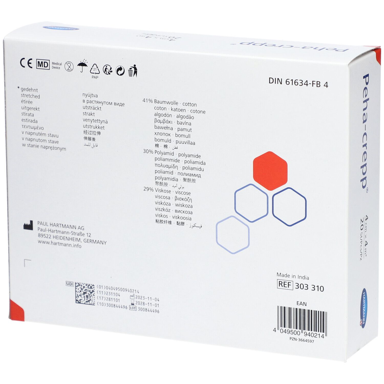 Achterkant van de witte Peha-crepp®-verpakking. Bevat informatie over ingrediënten, fabrikant en certificeringen.