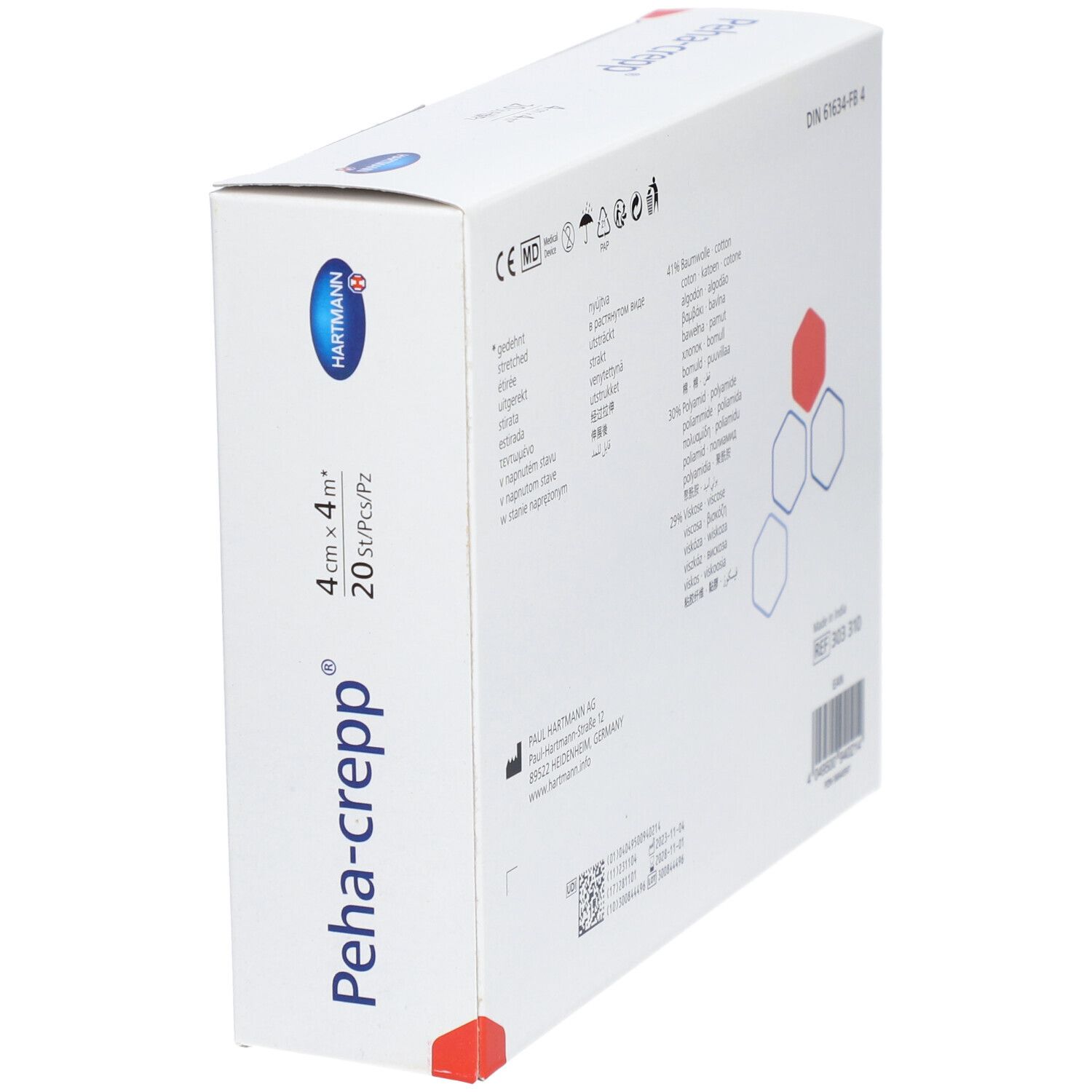Schuin geplaatste witte Peha-crepp®-verpakking. Bevat informatie over ingrediënten, fabrikant en certificeringen.