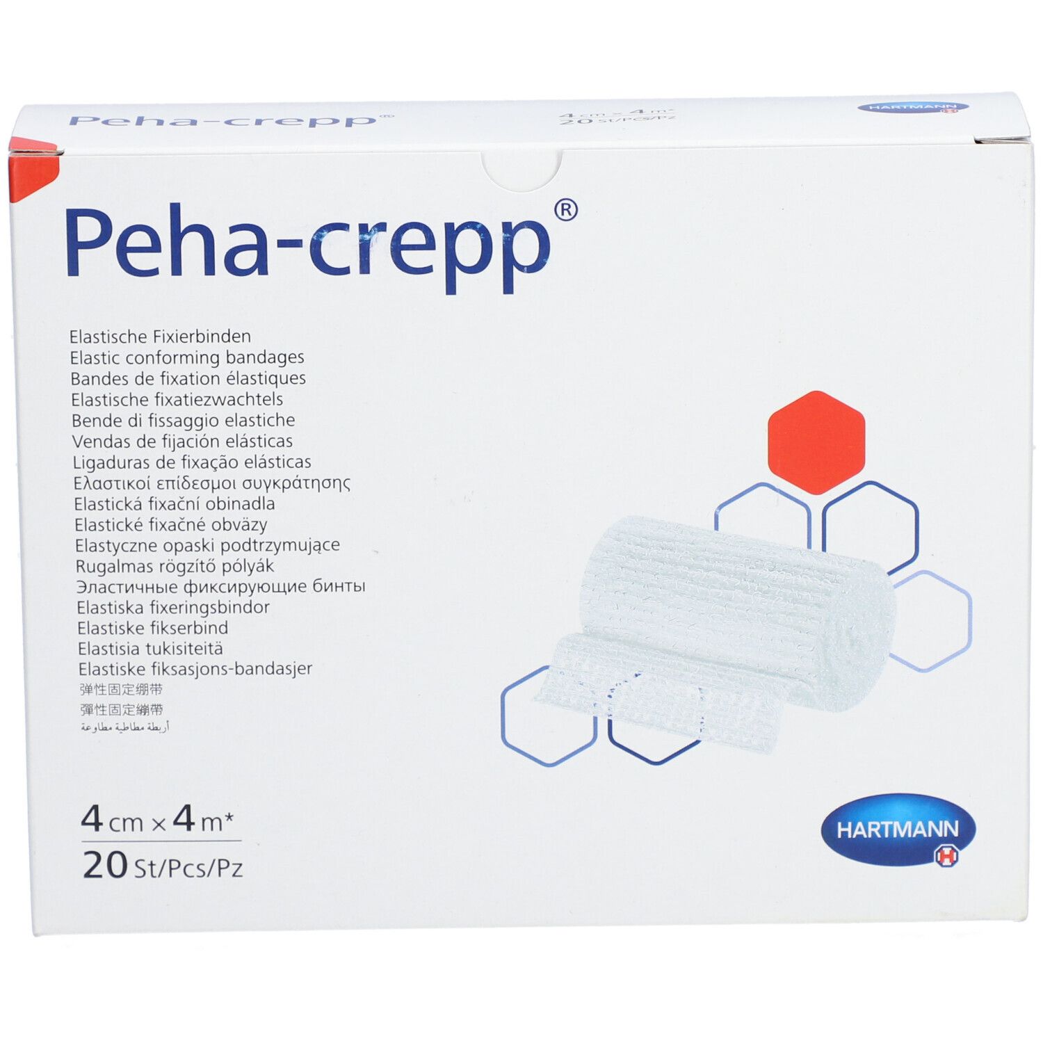Witte verpakking met Peha-crepp®-logo en productafbeelding. Bevat 20 elastische fixatiezwachtels, 4 cm x 4 m.
