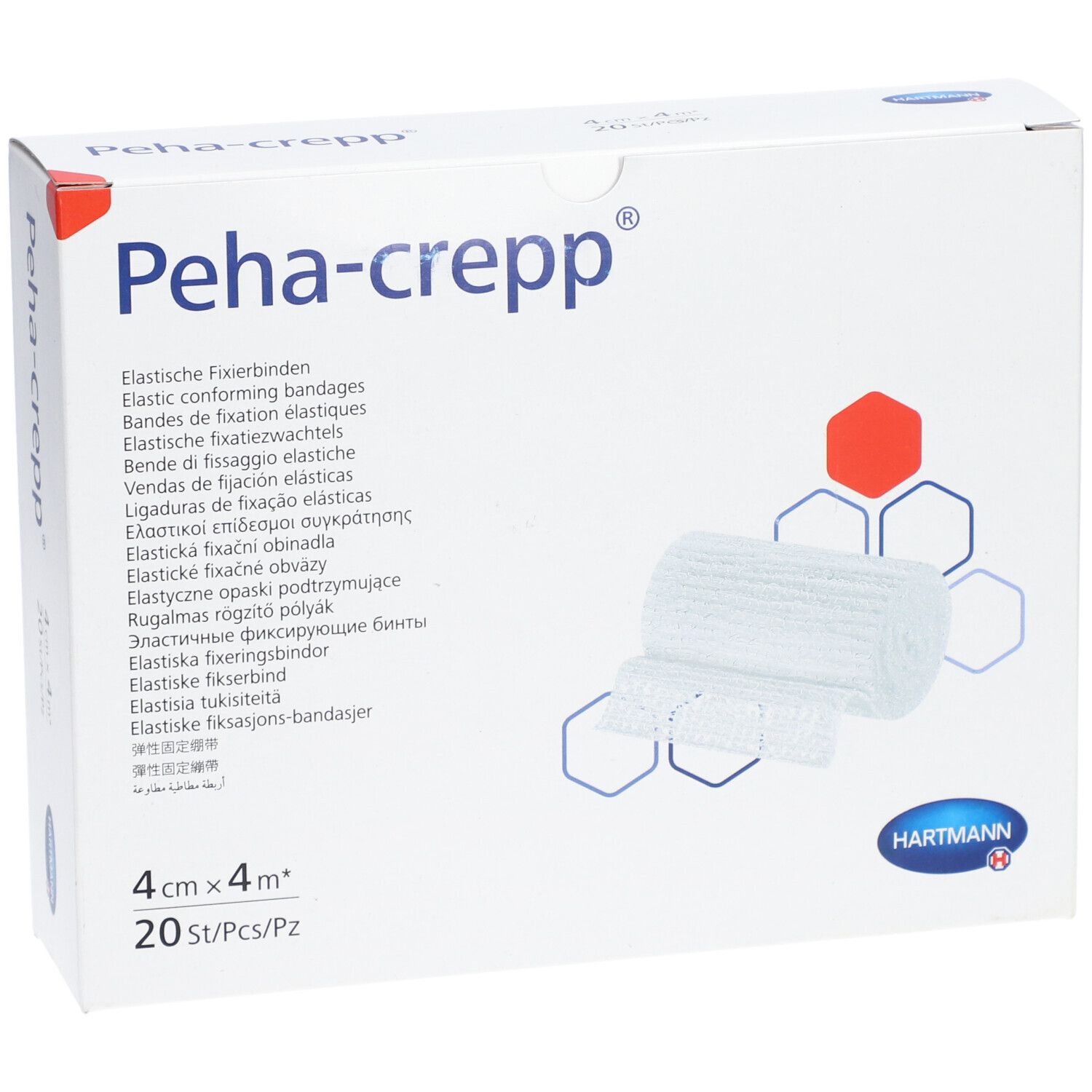 Witte verpakking met Peha-crepp®-logo en productafbeelding. Bevat 20 elastische fixatiezwachtels, 4 cm x 4 m.