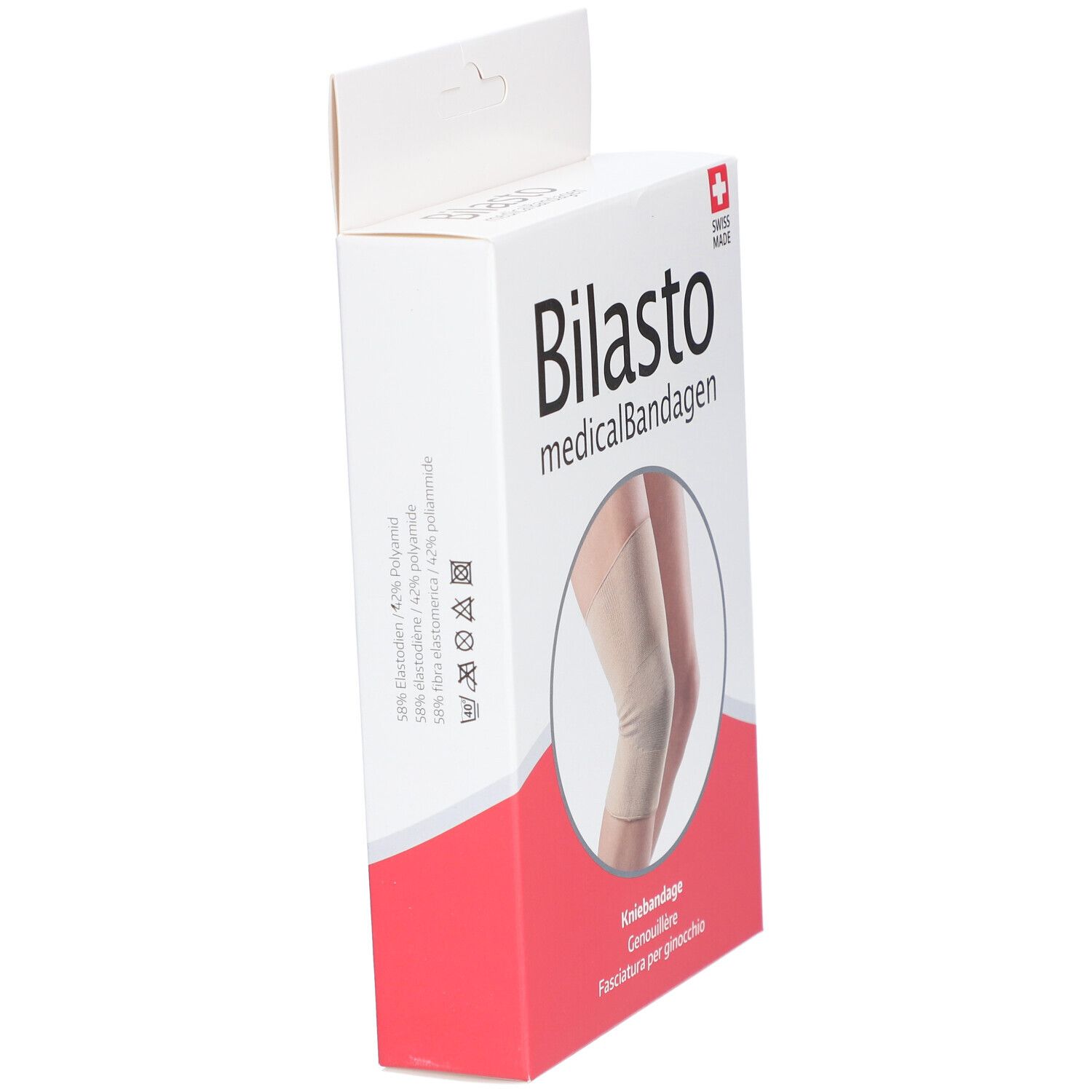 Emballage de genouillère Bilasto. Swiss Made. Vue latérale de l'emballage.