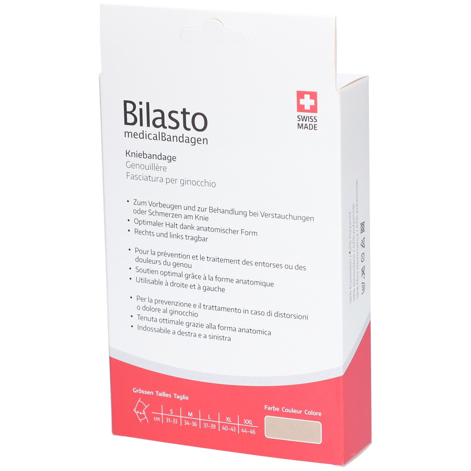 Emballage de genouillère Bilasto. Swiss Made. Texte avec informations sur le produit.