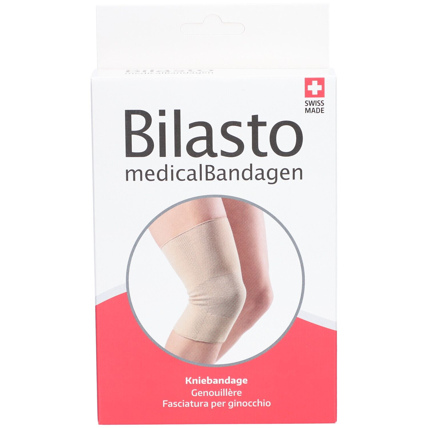 Emballage de genouillère Bilasto. Swiss Made. Image d'une genouillère beige.