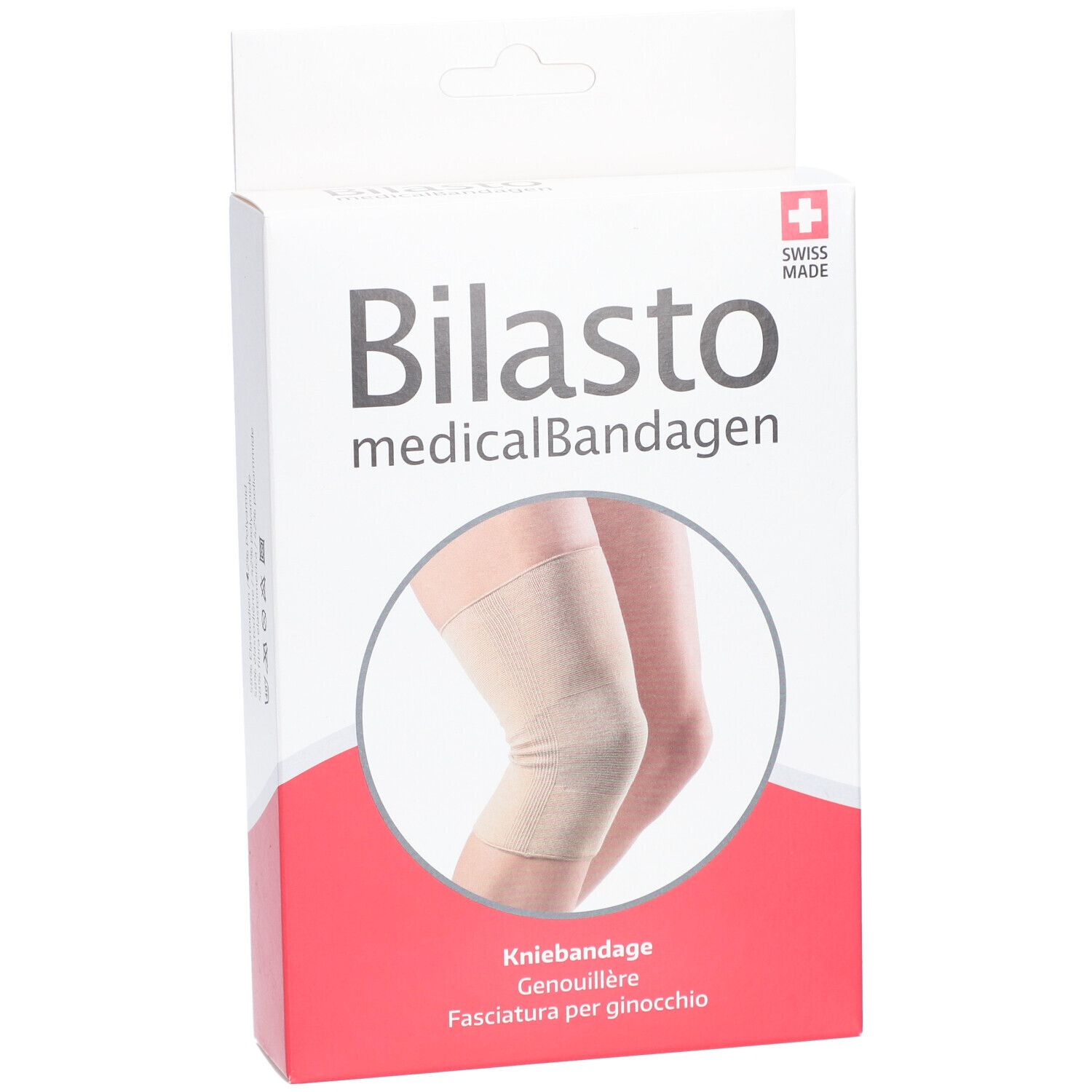 Emballage de genouillère Bilasto. Swiss Made. Image d'une genouillère beige.