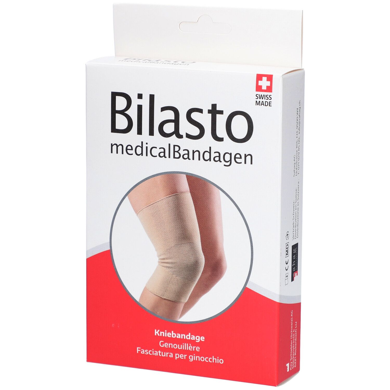 Emballage de genouillère. Inscription: Bilasto medicalBandagen, Kniebandage, Swiss Made. Illustration: genouillère sur une jambe.