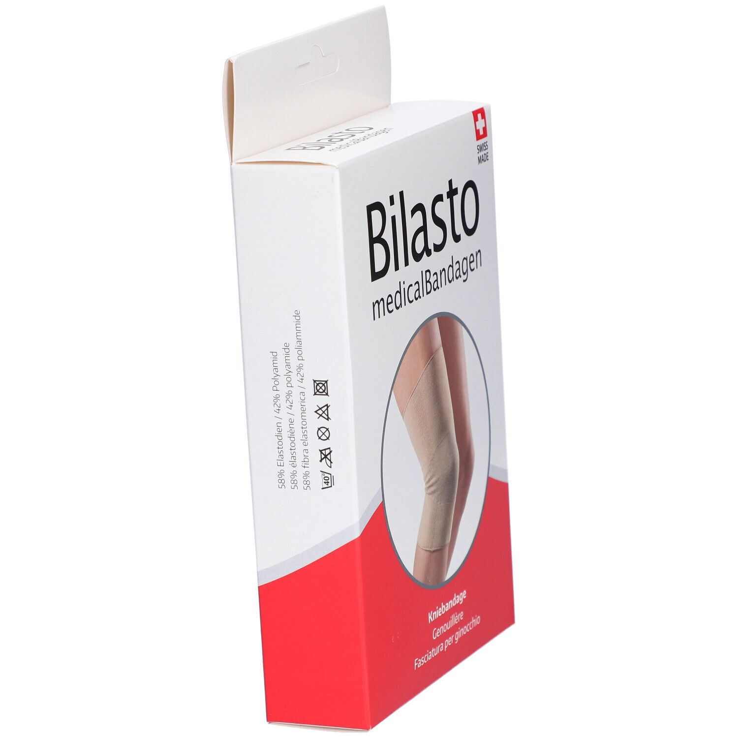 Vue latérale de l'emballage de la genouillère. Inscription: Bilasto medicalBandagen, Swiss Made. Texte sur la composition du matériau.