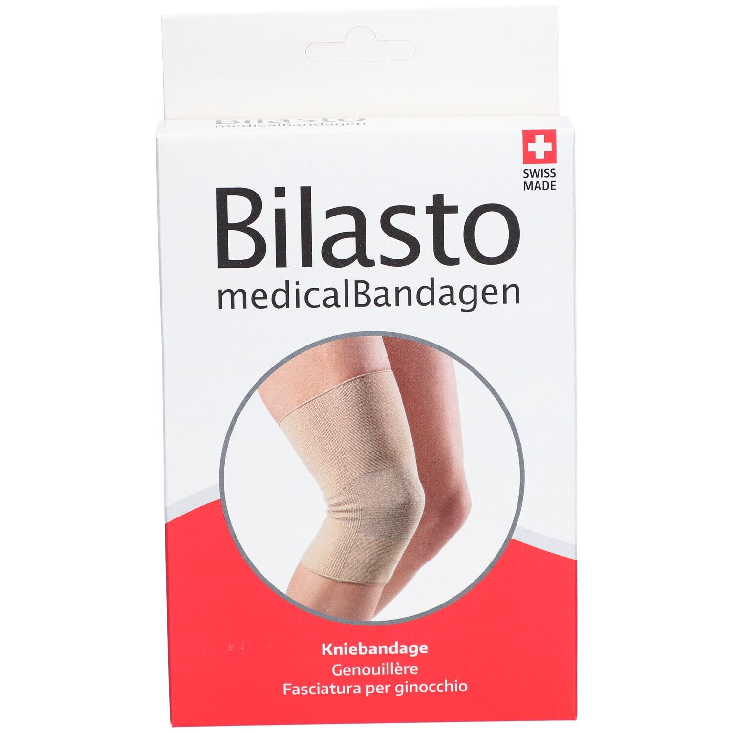 Vue de face de l'emballage de la genouillère. Inscription: Bilasto medicalBandagen, Kniebandage. Illustration: genouillère sur une jambe.