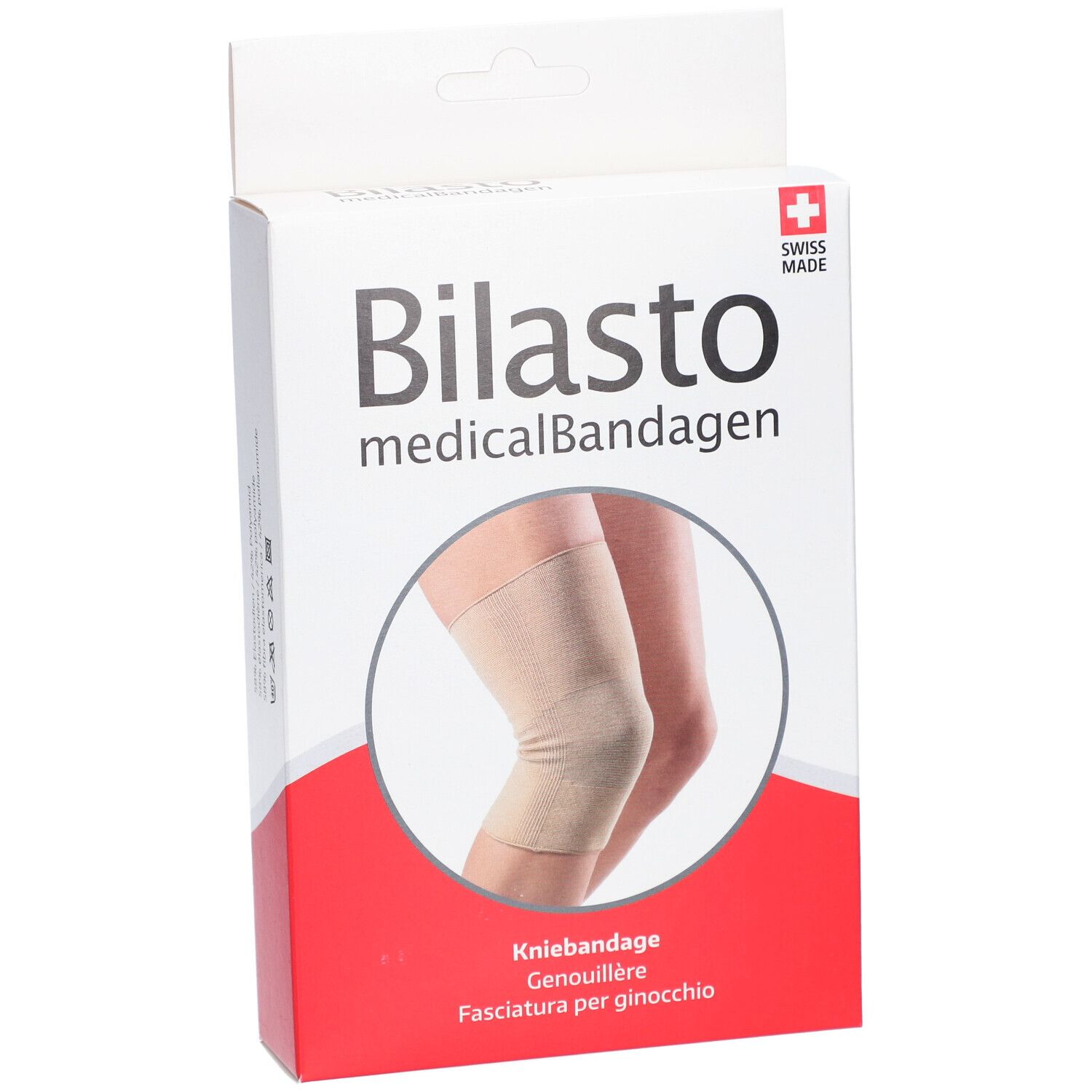 Emballage de genouillère. Inscription: Bilasto medicalBandagen, Kniebandage. Illustration: genouillère sur une jambe.