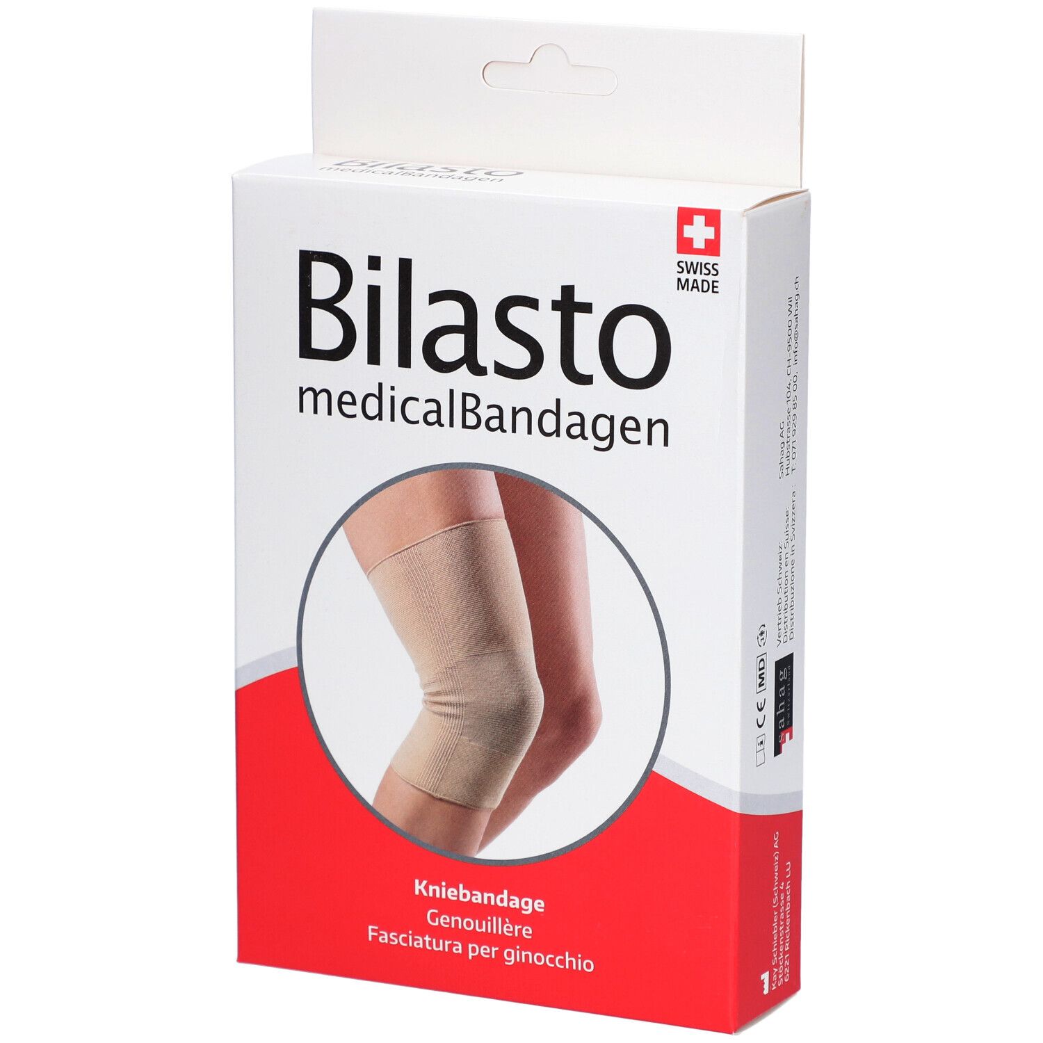 Verpakking van de kniebandage. Opschrift: Bilasto medicalBandagen, Kniebandage, Genouillère, Fasciatura per ginocchio. Afbeelding: kniebandage op been.