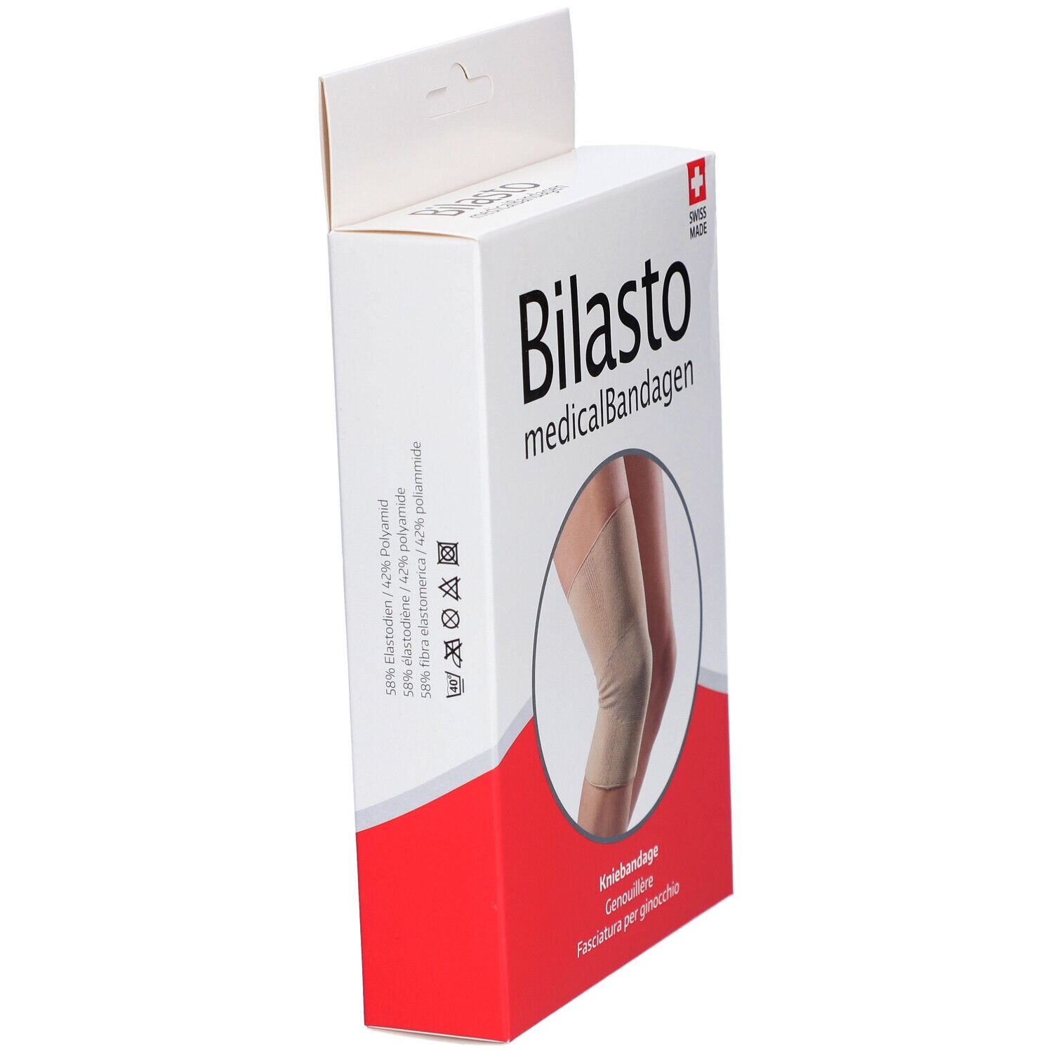 Zijaanzicht van de verpakking. Opschrift: Bilasto medicalBandagen, Kniebandage, Genouillère, Fasciatura per ginocchio. Productafbeelding.