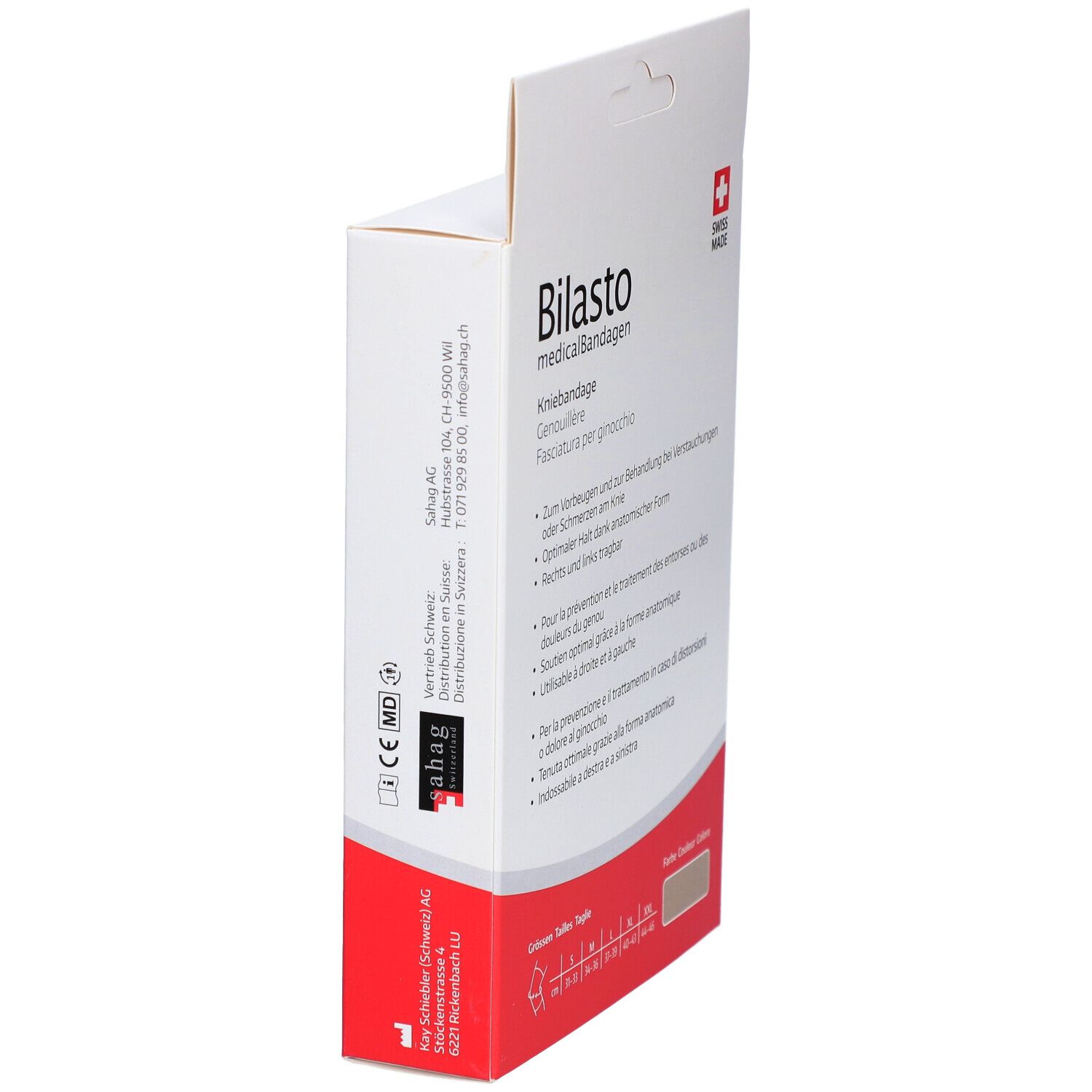 Zijaanzicht van de verpakking. Opschrift: Bilasto medicalBandagen, Kniebandage, Genouillère, Fasciatura per ginocchio. Informatie en logo's.