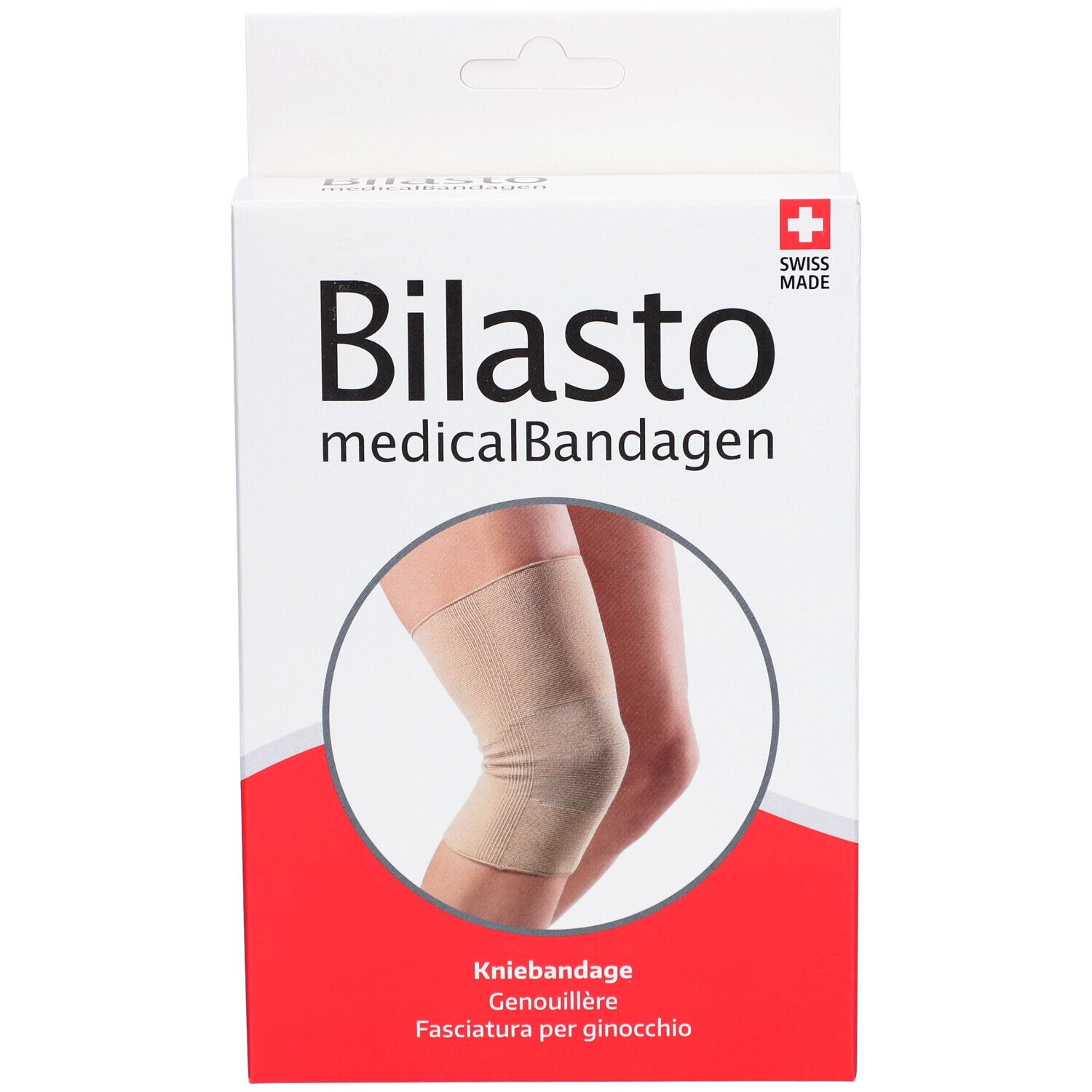 Vooraanzicht van de verpakking. Opschrift: Bilasto medicalBandagen, Kniebandage, Genouillère, Fasciatura per ginocchio. Afbeelding: kniebandage op been.