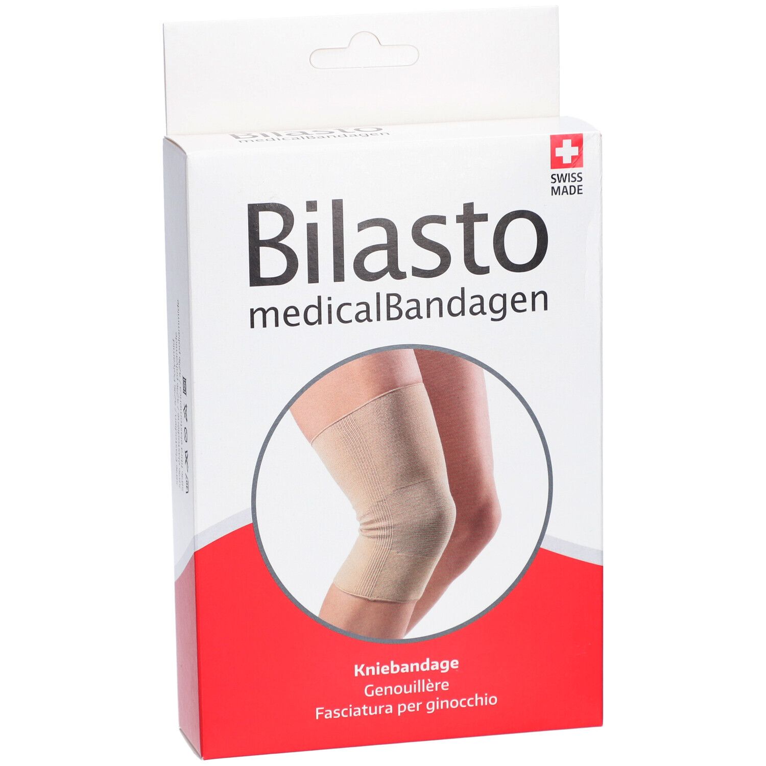 Vooraanzicht van de verpakking. Opschrift: Bilasto medicalBandagen, Kniebandage, Genouillère, Fasciatura per ginocchio. Afbeelding: kniebandage op been.