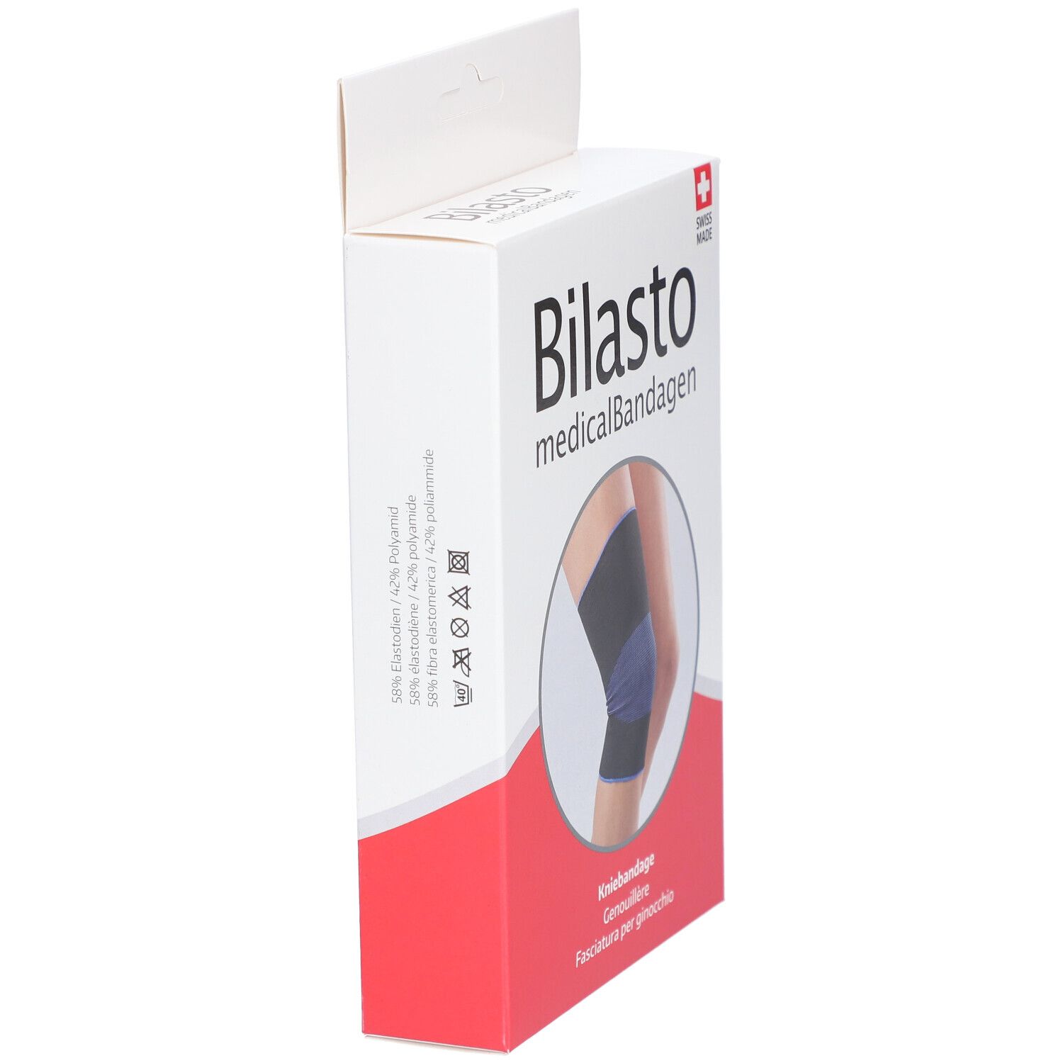 Boîte de genouillère Bilasto. Bandage médical. Vue latérale de l'emballage. Texte: composition, logo.
