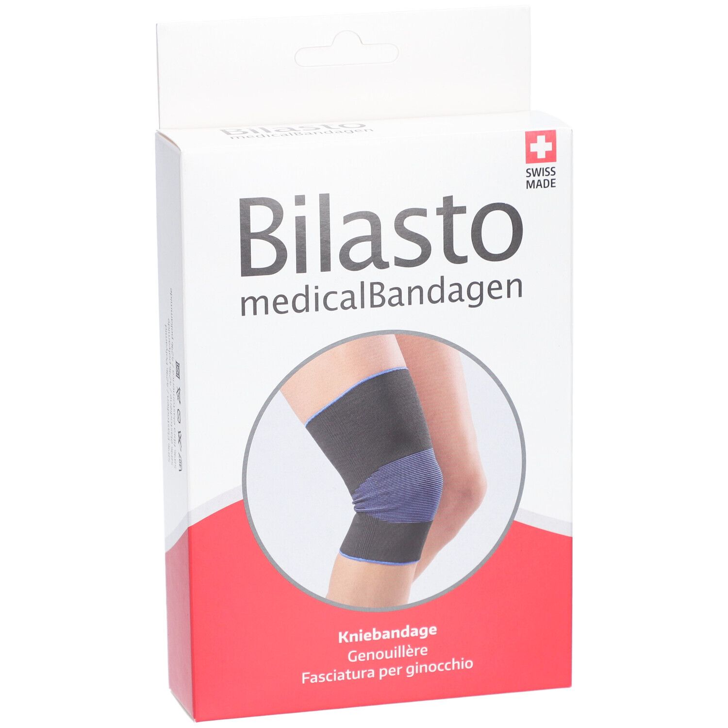 Boîte de genouillère Bilasto. Bandage médical. Image d'une genouillère sur une jambe. Noir/bleu.