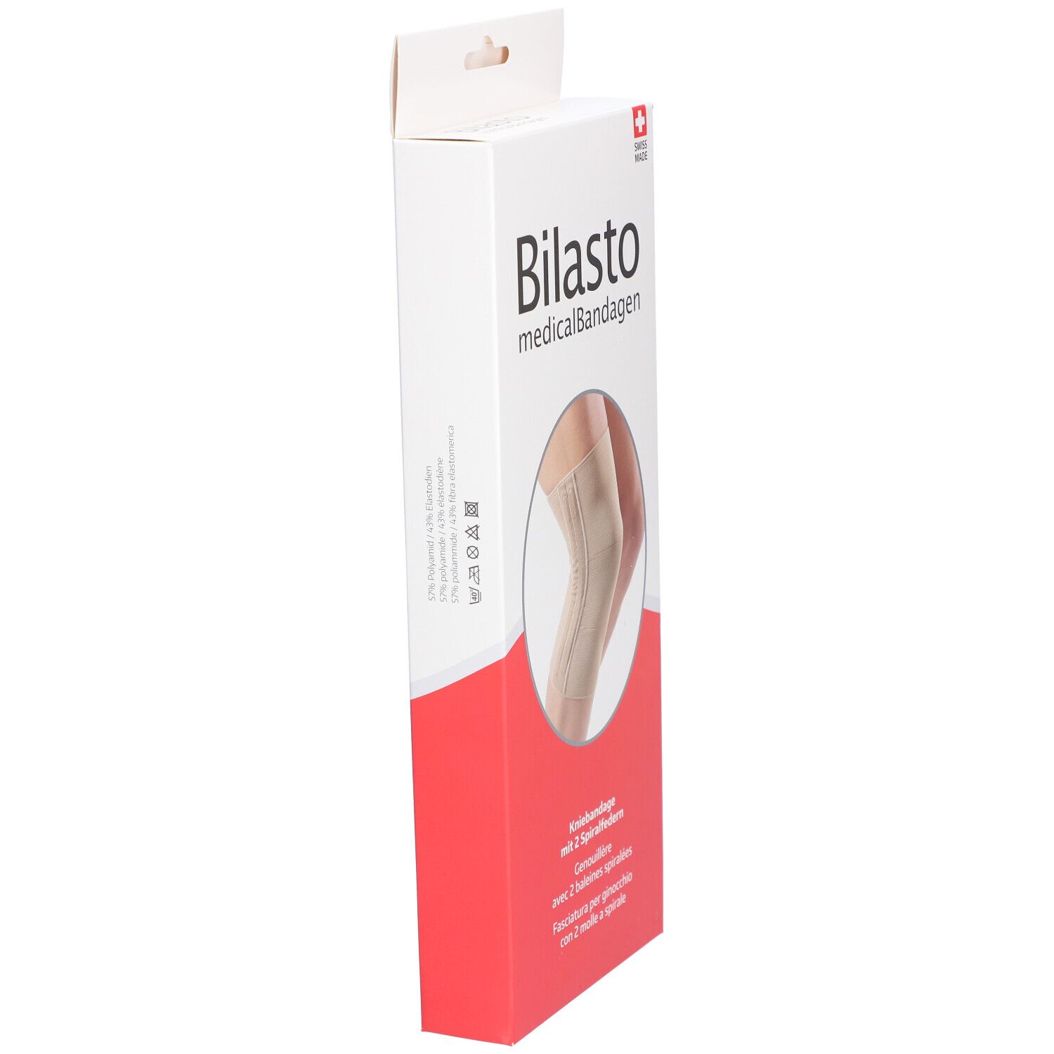 Emballage BILASTO bandage genou, vue latérale. Beige, ressorts hélicoïdaux. Logo Swiss Made.