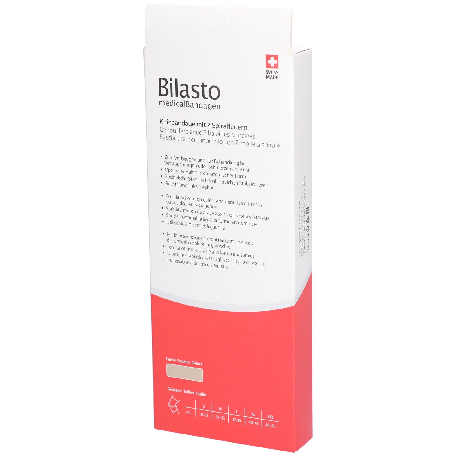 Dos de l'emballage du bandage genou BILASTO. Texte en allemand, français, italien. Bandage beige.