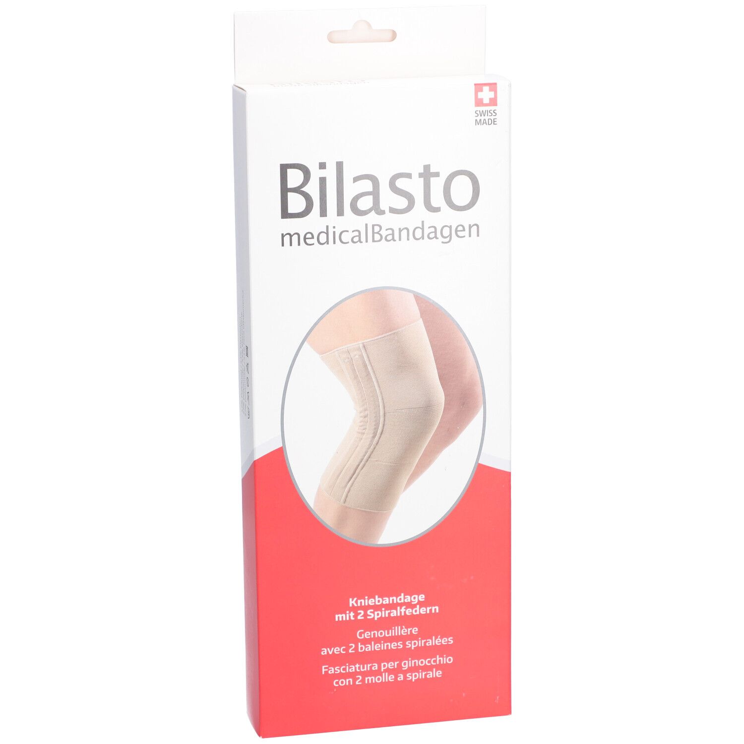 BILASTO bandage genou, emballage. Beige, ressorts hélicoïdaux. Logo Swiss Made.