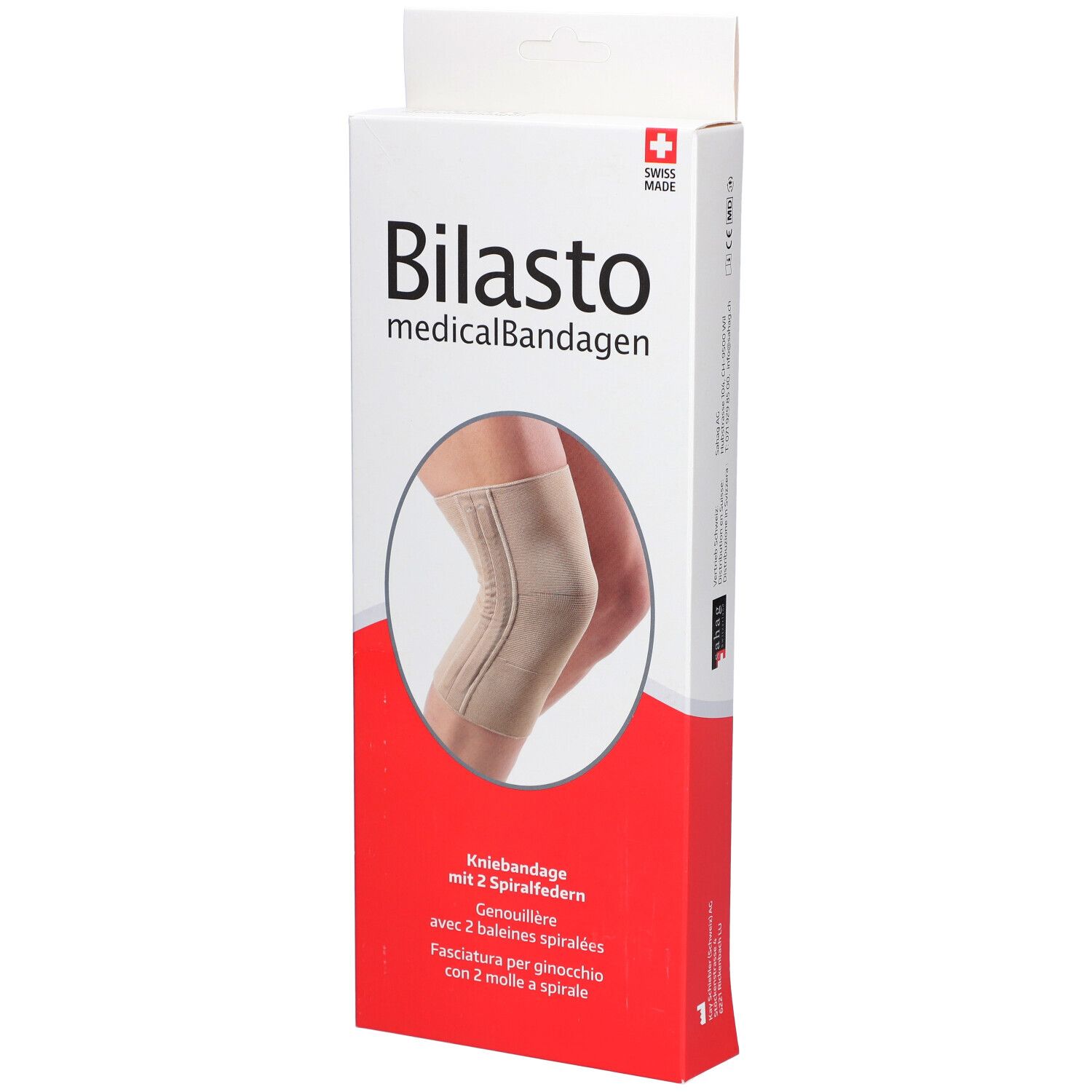 Verpakking van kniebrace. Merk Bilasto, medische bandages. Beige kniebrace afgebeeld. Swiss Made.