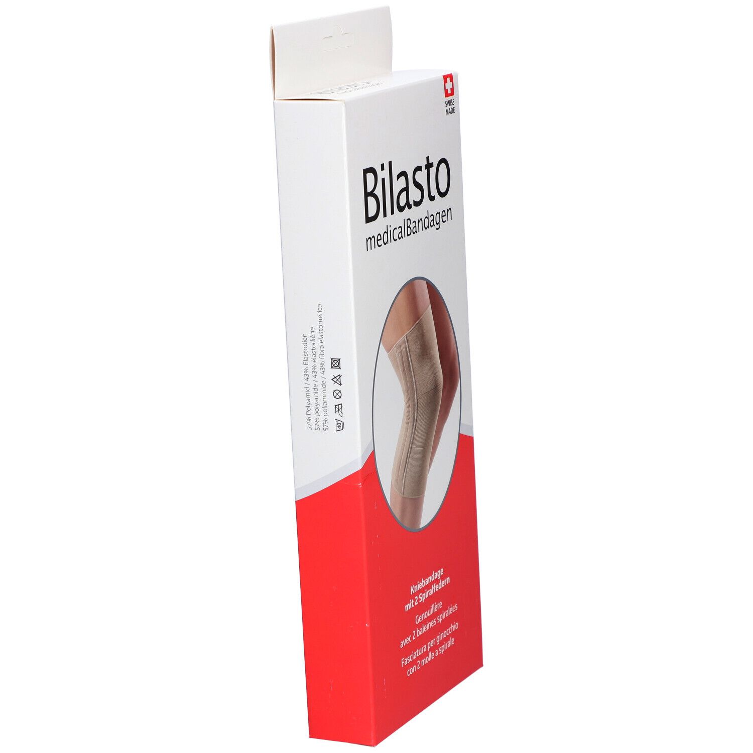 Schuine weergave van de verpakking. Merk Bilasto, medische bandages. Beige kniebrace afgebeeld. Swiss Made.