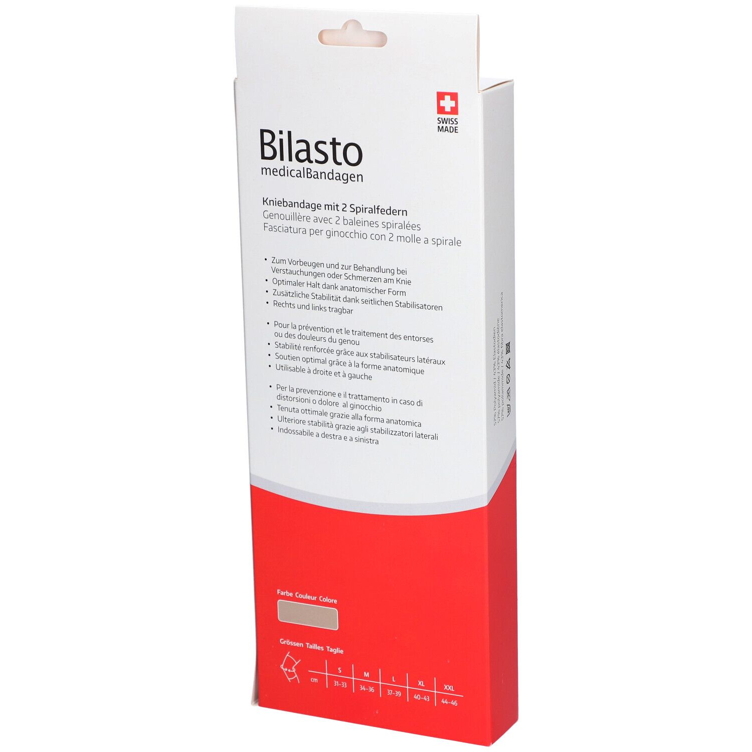 Achterkant van de verpakking. Merk Bilasto, medische bandages. Productinformatie en maten.