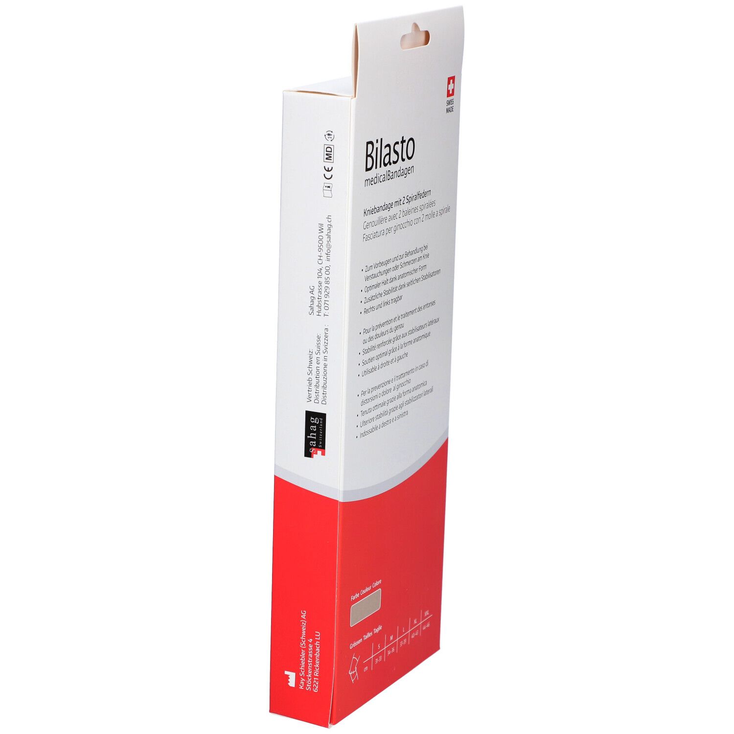 Zijaanzicht van de verpakking. Merk Bilasto, medische bandages. CE-markering.