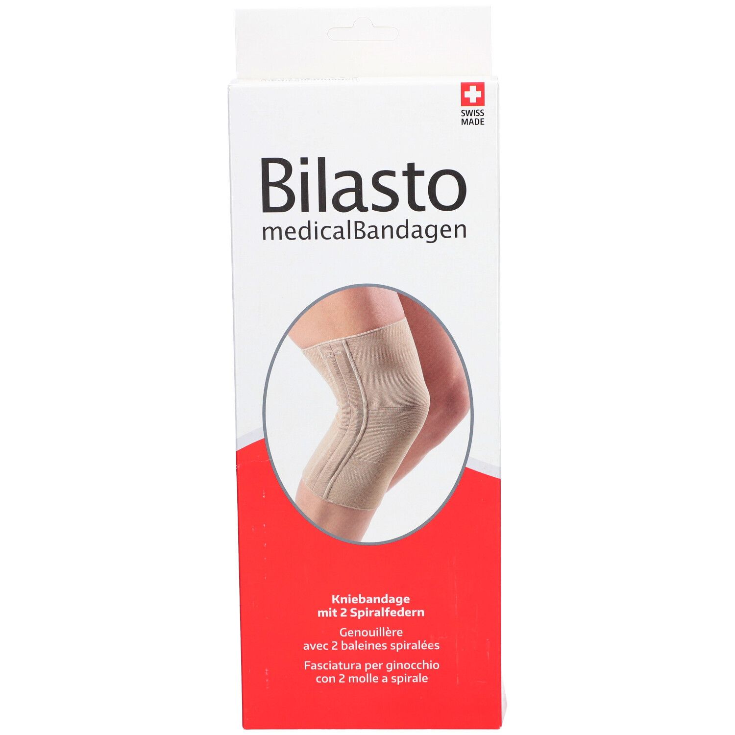 Verpakking van kniebrace. Merk Bilasto, medische bandages. Beige kniebrace afgebeeld. Swiss Made.