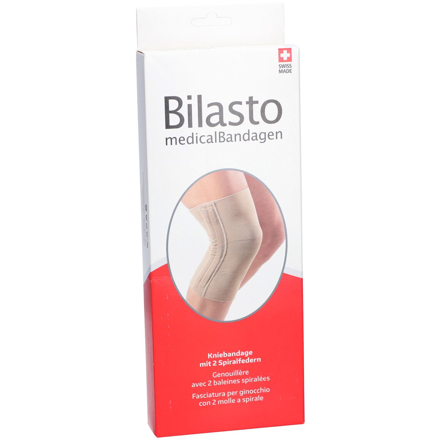 Verpakking van kniebrace. Merk Bilasto, medische bandages. Beige kniebrace afgebeeld. Swiss Made.