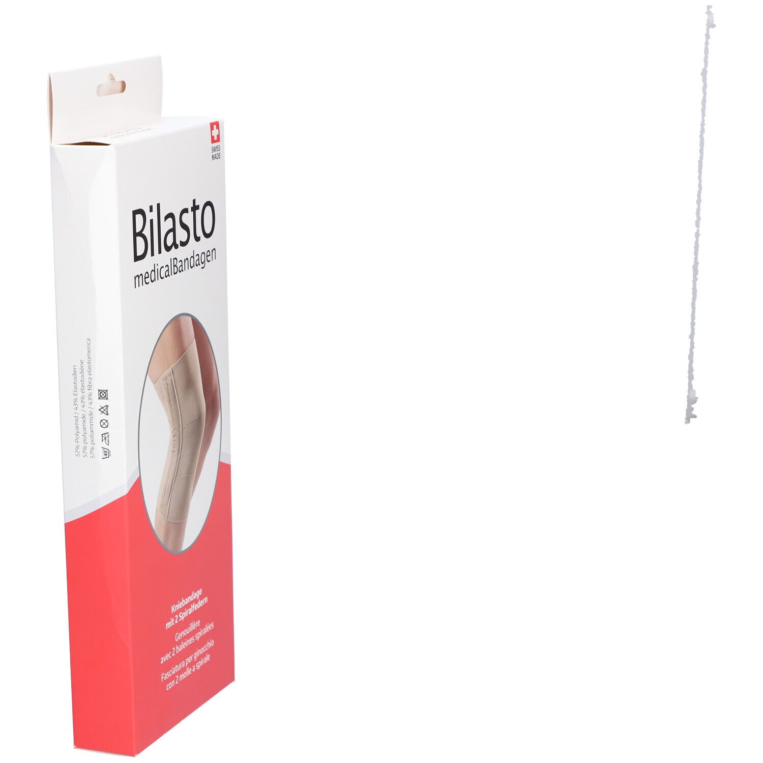 Kniebrace verpakking, schuin. Opschrift: Bilasto medicalBandagen. Rode en witte kleuren. Swiss Made.