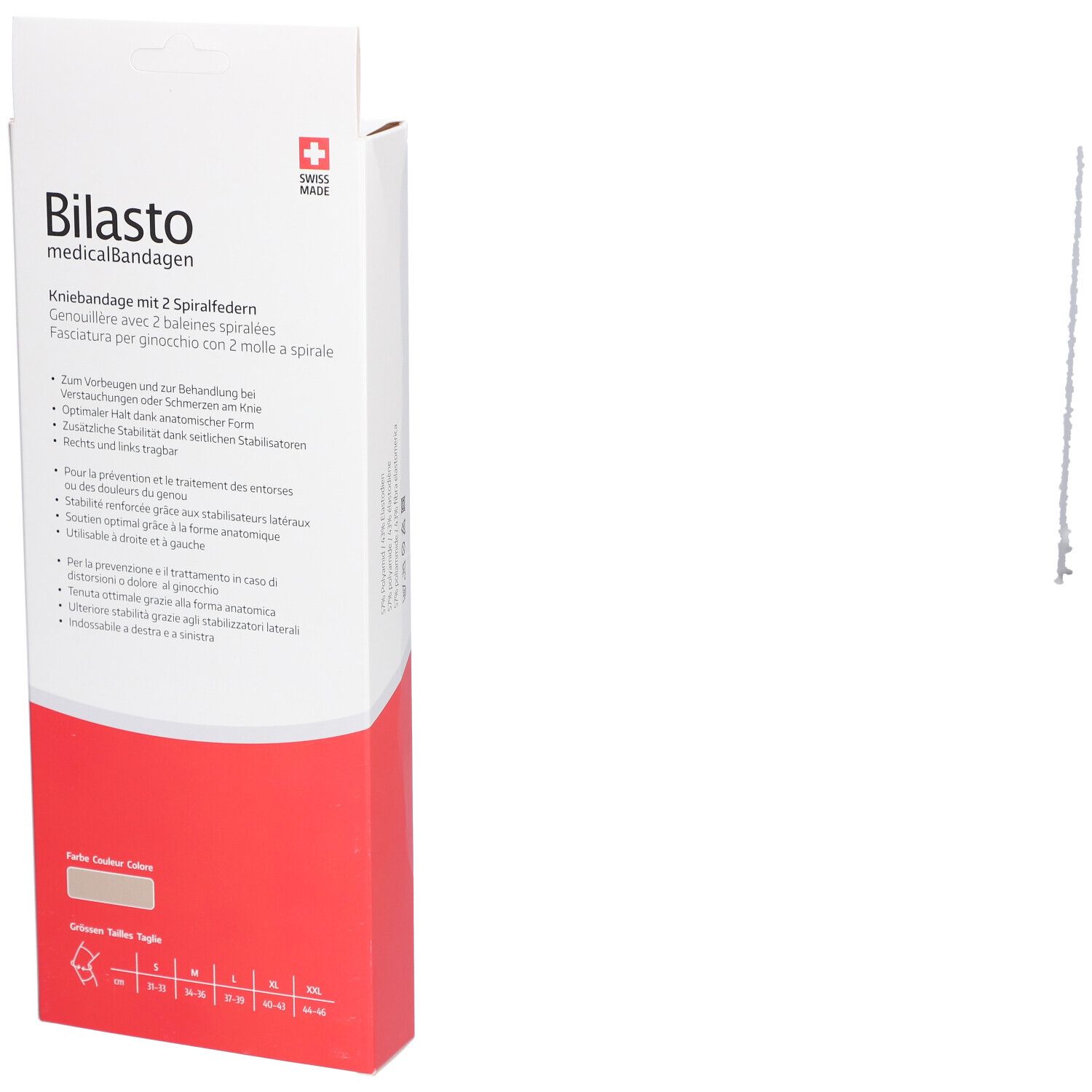 Kniebrace verpakking, achterkant. Opschrift: Bilasto medicalBandagen, maatindicaties. Swiss Made.