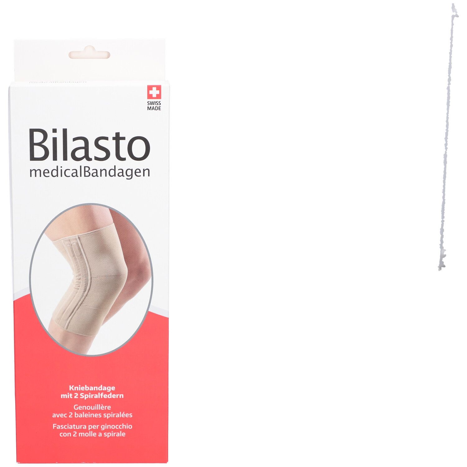 Kniebrace verpakking. Opschrift: Bilasto medicalBandagen, kniebrace met 2 spiraalveren. Swiss Made.