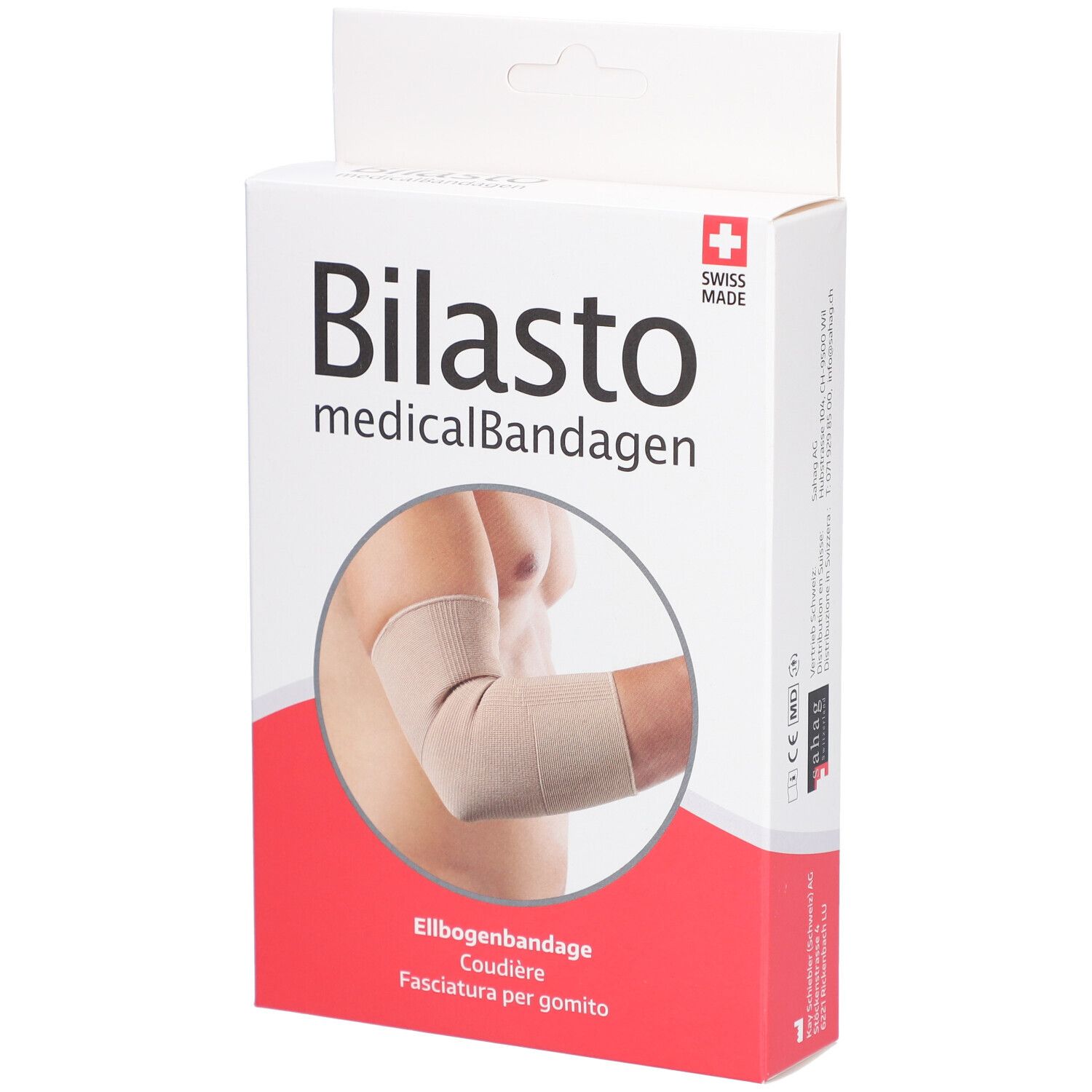 Boîte de l'attelle de coude BILASTO. Attelle beige sur un bras. Logo Swiss Made.