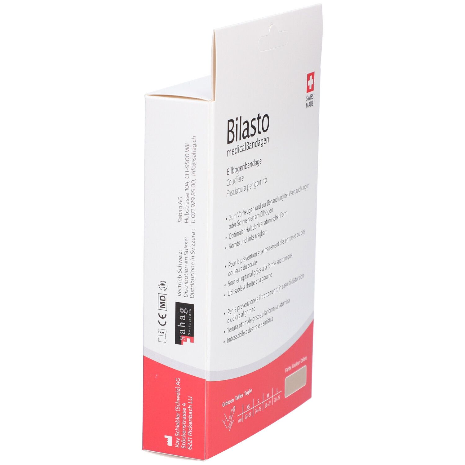 Boîte ouverte de l'attelle de coude BILASTO. Texte en allemand, français et italien. Logo Swiss Made.