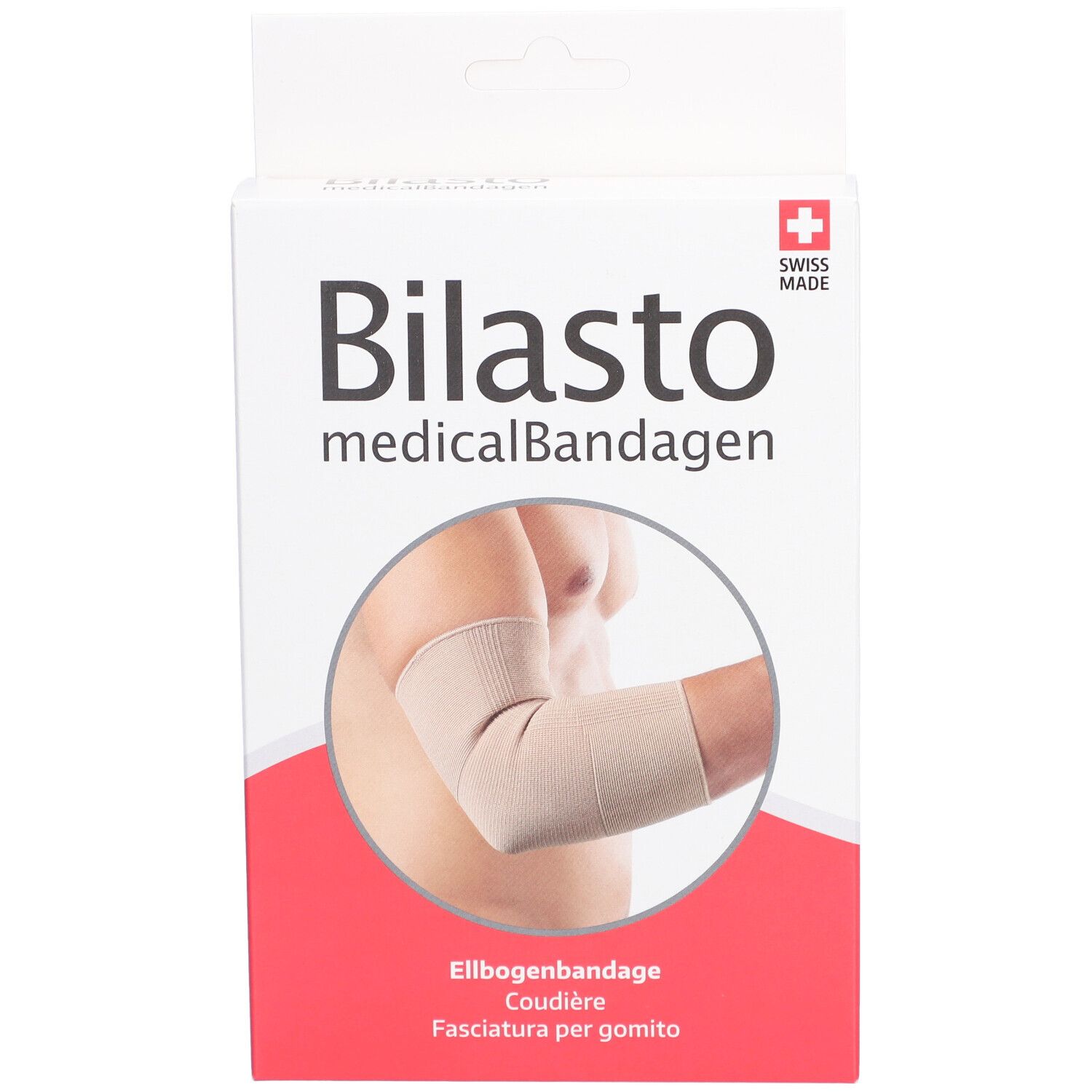 Boîte de l'attelle de coude BILASTO. Attelle beige sur un bras. Logo Swiss Made.