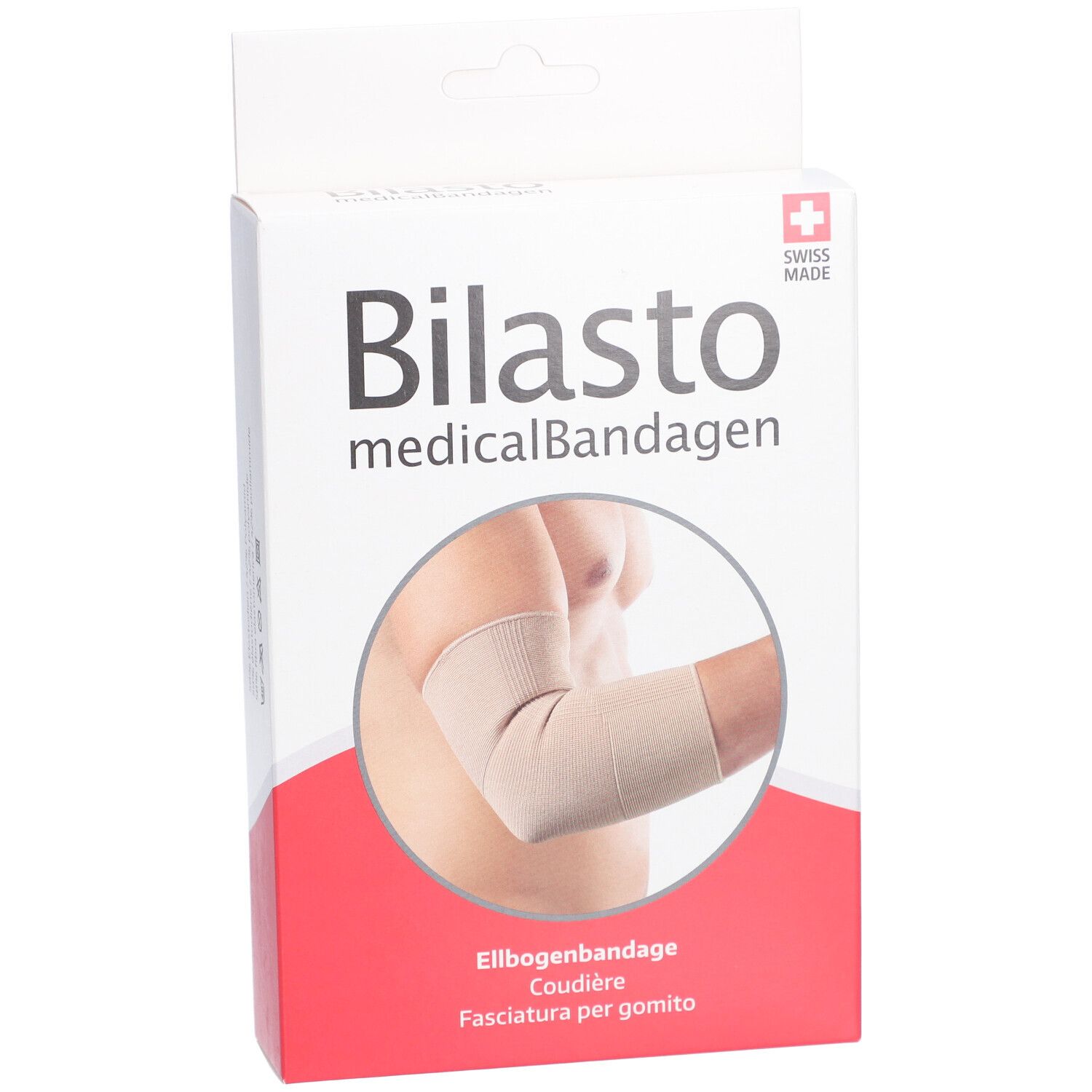Boîte de l'attelle de coude BILASTO. Attelle beige sur un bras. Logo Swiss Made.