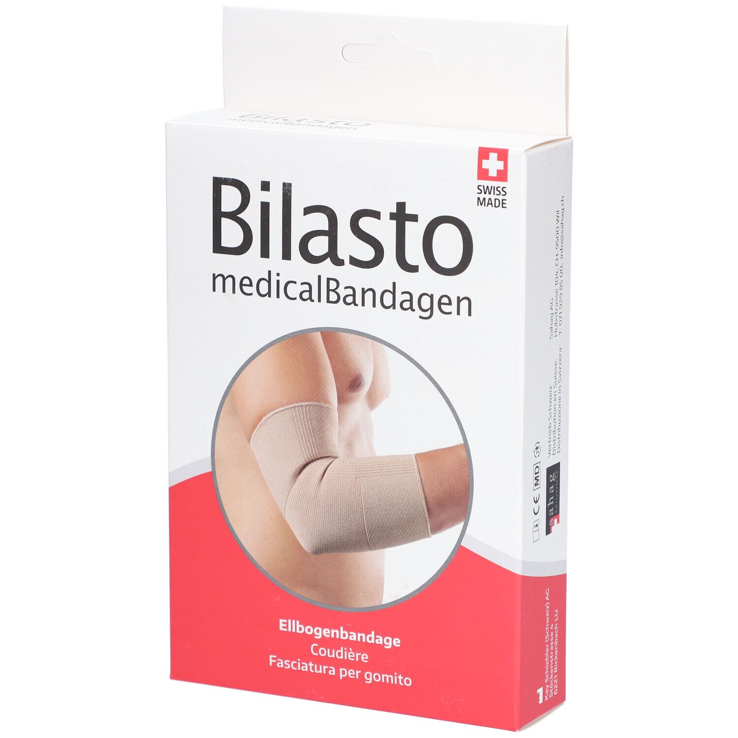BILASTO elleboogbandage in verpakking. Beige. Zwitsers kruis. Productafbeelding toont arm met bandage.