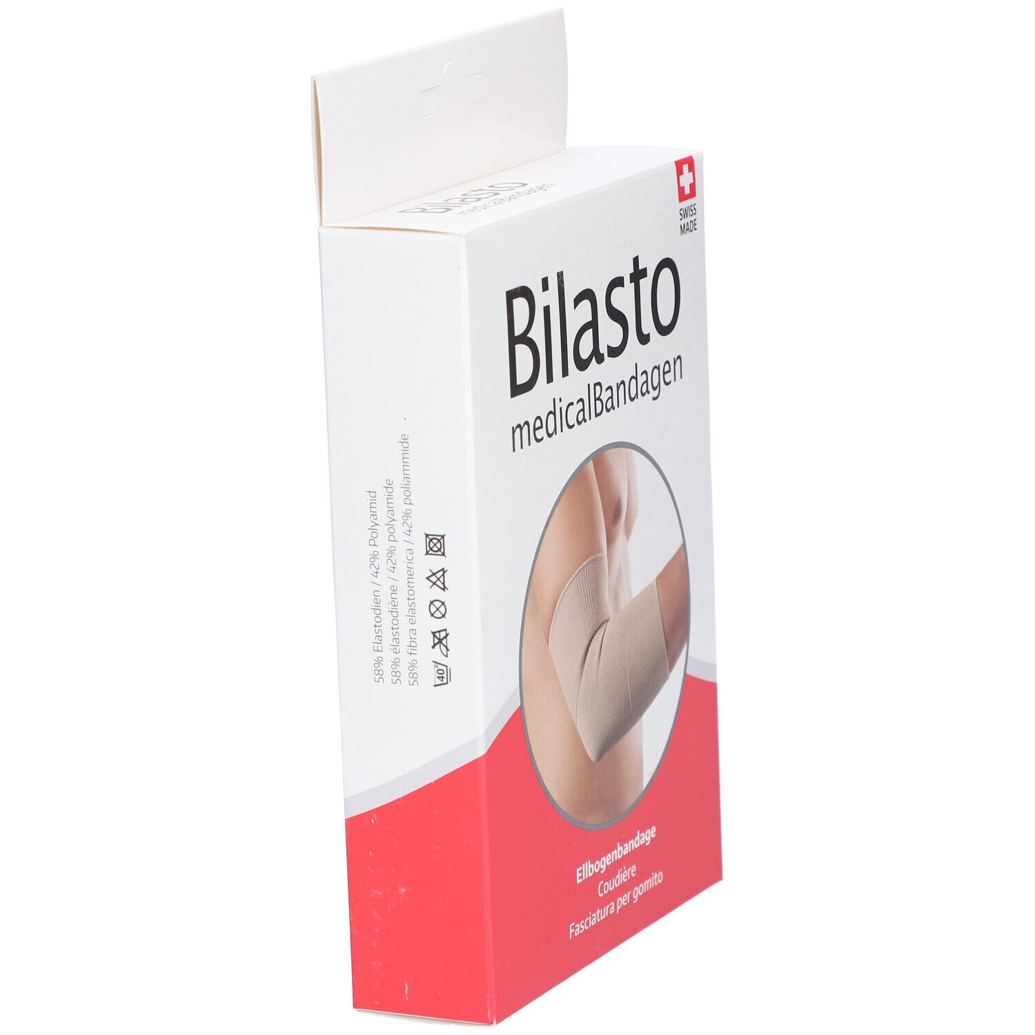BILASTO elleboogbandage verpakking. Beige. Zwitsers kruis. Zijaanzicht met productinformatie en tekst.