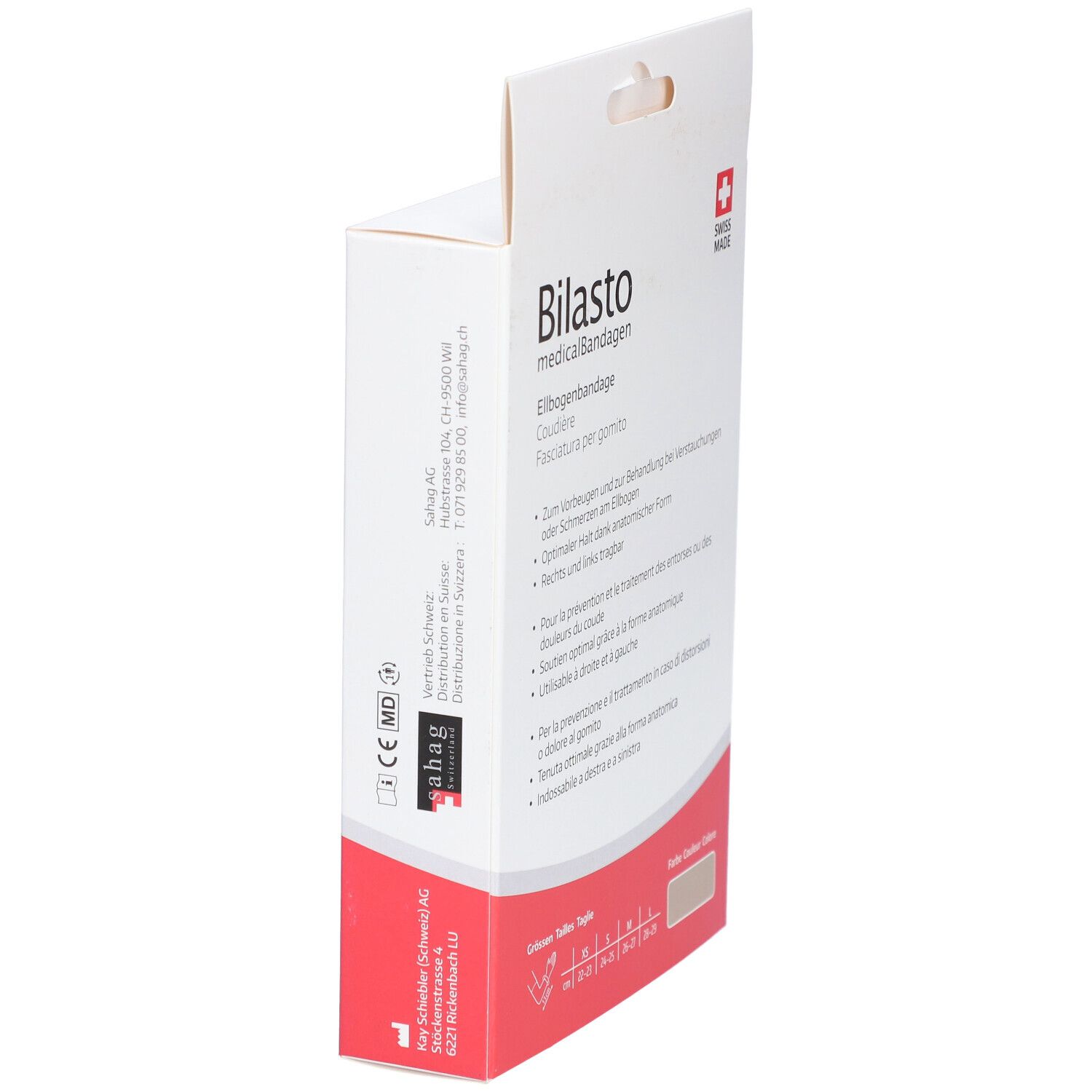Zijaanzicht van de BILASTO elleboogbandage verpakking. Beige. Zwitsers kruis. Productinformatie en tekst.
