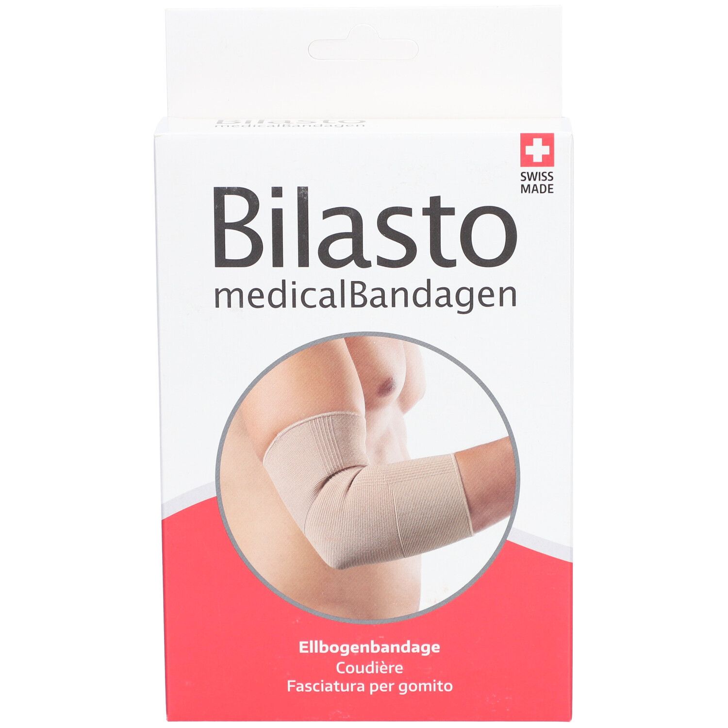 BILASTO elleboogbandage in verpakking. Beige. Zwitsers kruis. Productafbeelding toont arm met bandage.