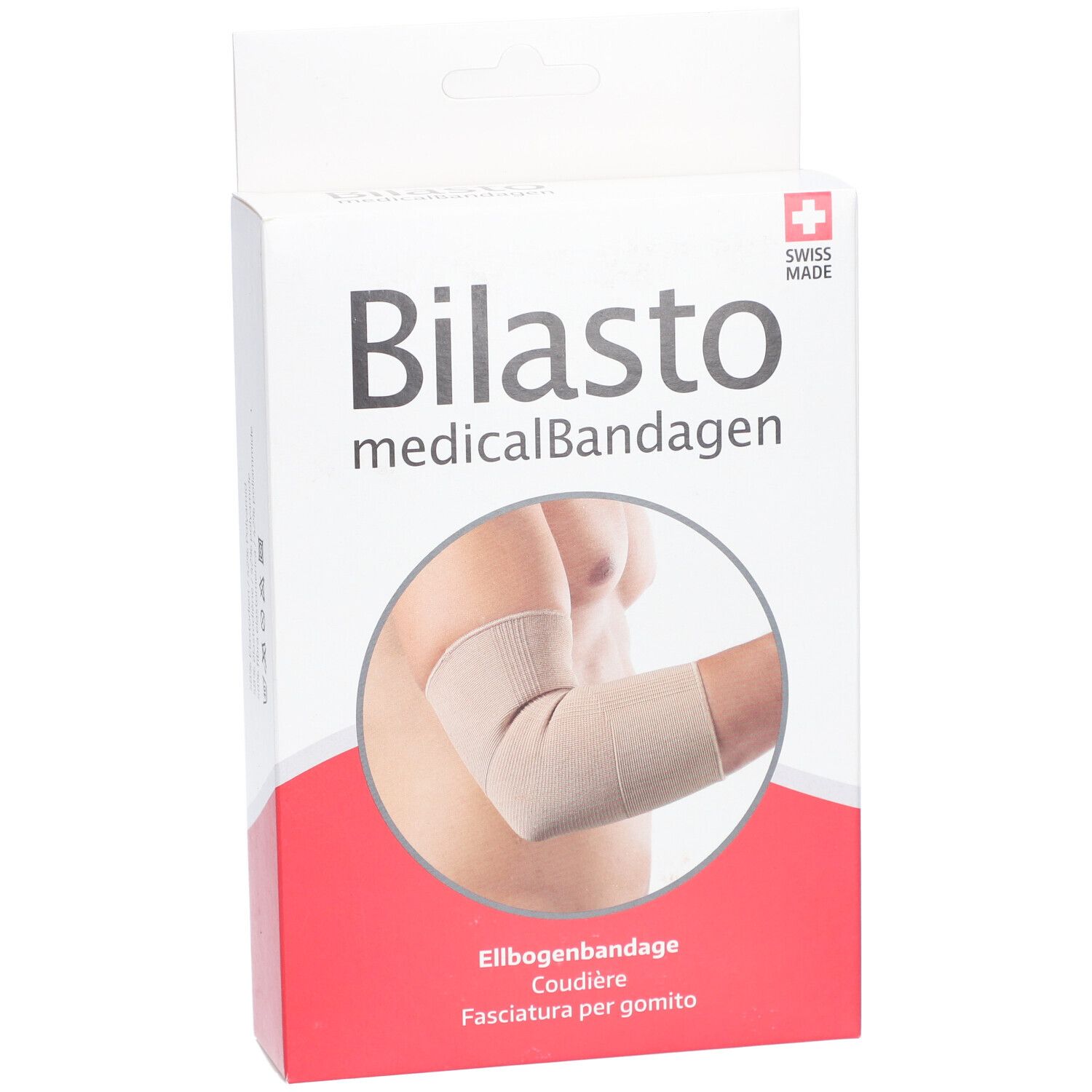 BILASTO elleboogbandage in verpakking. Beige. Zwitsers kruis. Productafbeelding toont arm met bandage.