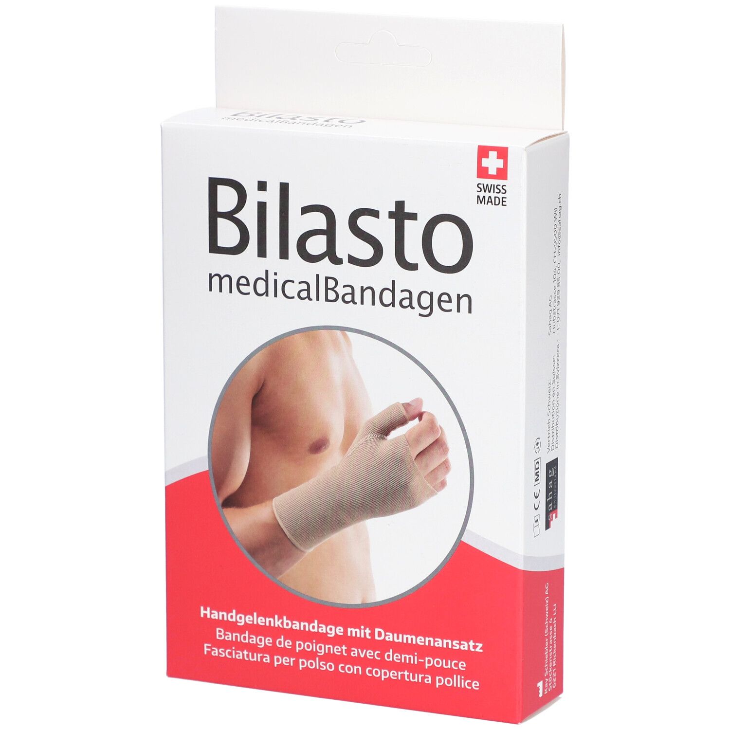 Boîte de bandage de poignet Bilasto. Beige, avec pouce. Swiss Made. Inscription: medicalBandagen.