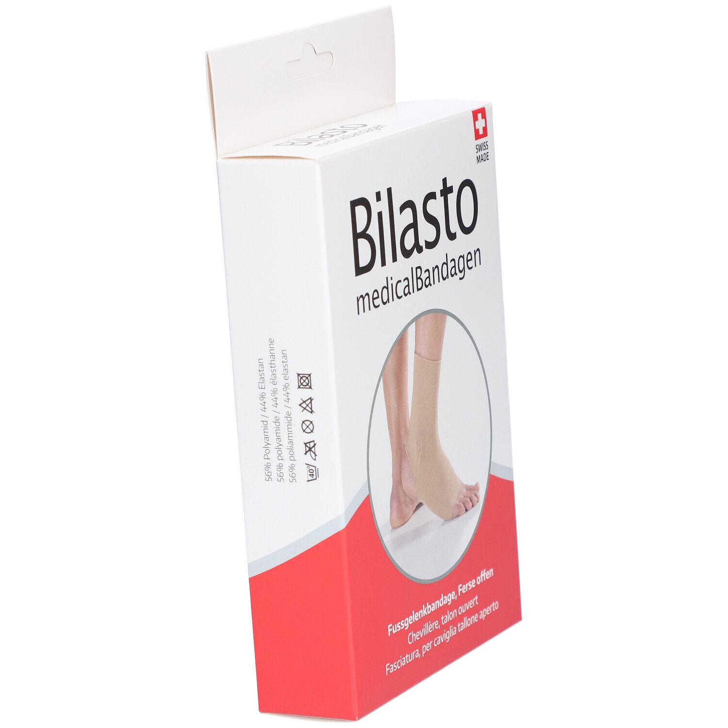 Boîte de bandage de cheville en biais. Bandage beige sur un pied. Texte : Bilasto medicalBandagen.