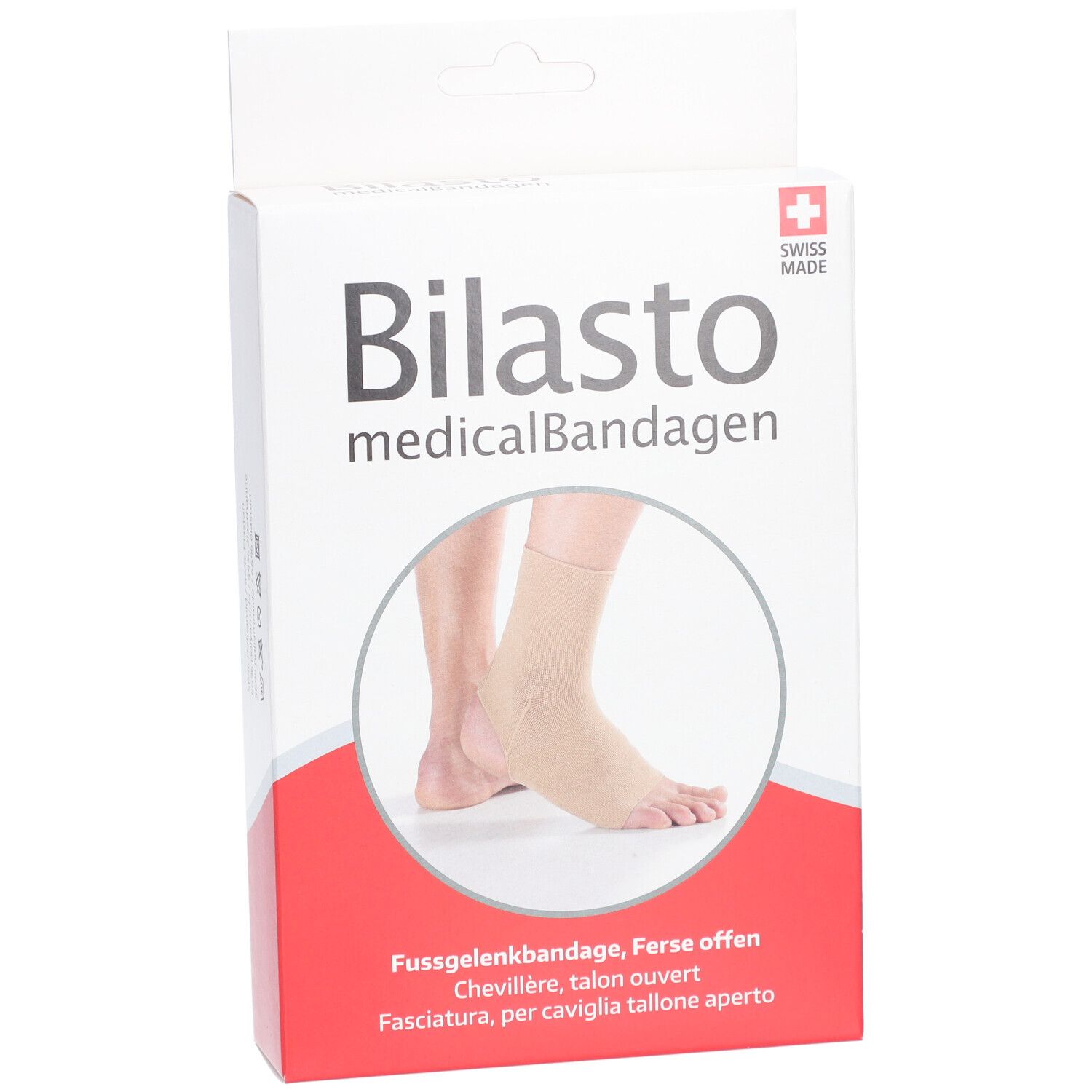 Boîte de bandage de cheville. Bandage beige sur un pied. Texte : Bilasto medicalBandagen, Swiss Made.