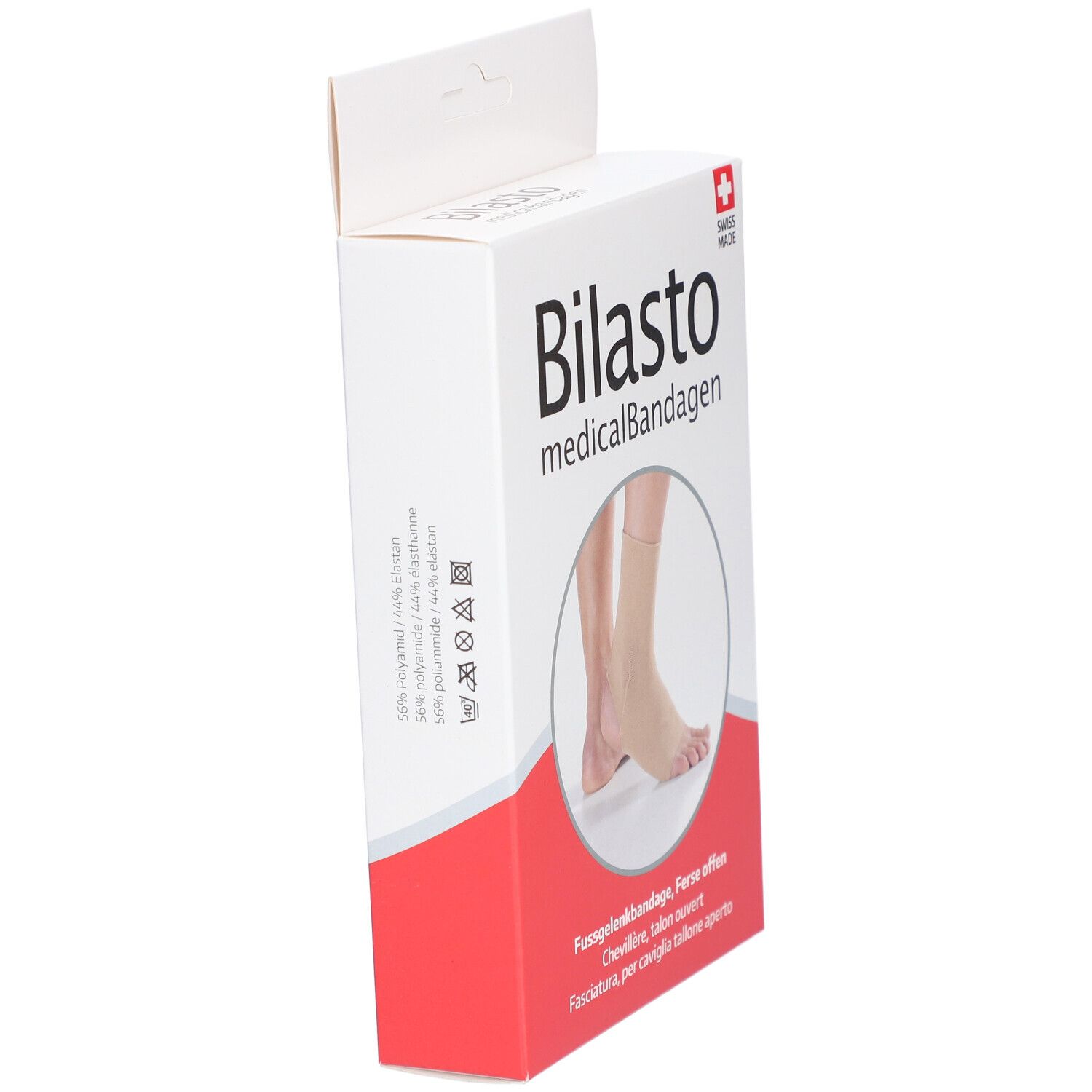 Verpakking van medisch bandage Bilasto. Enkelbrace, open hiel. Swiss Made. Schuine weergave.