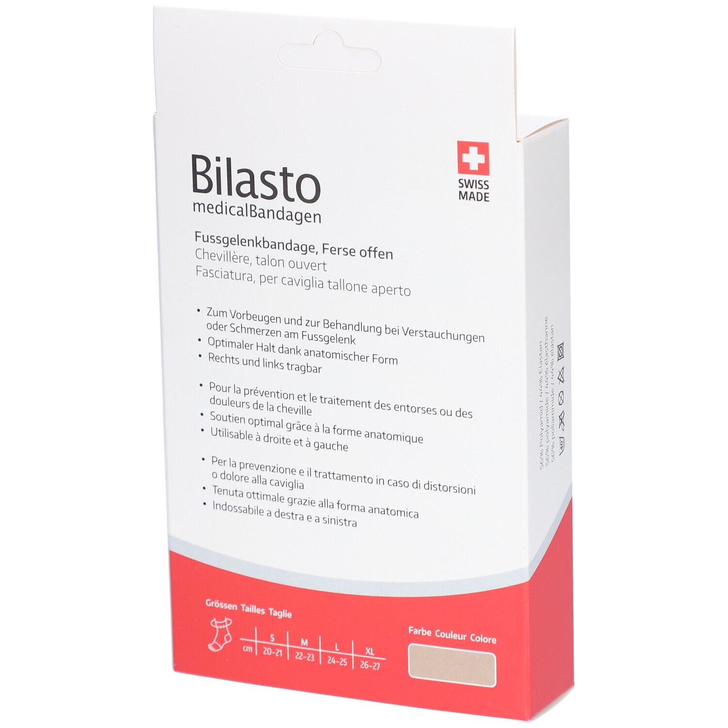 Achterkant van de verpakking. Bilasto enkelbrace, open hiel. Swiss Made. Tekst in Duits, Frans, Italiaans.
