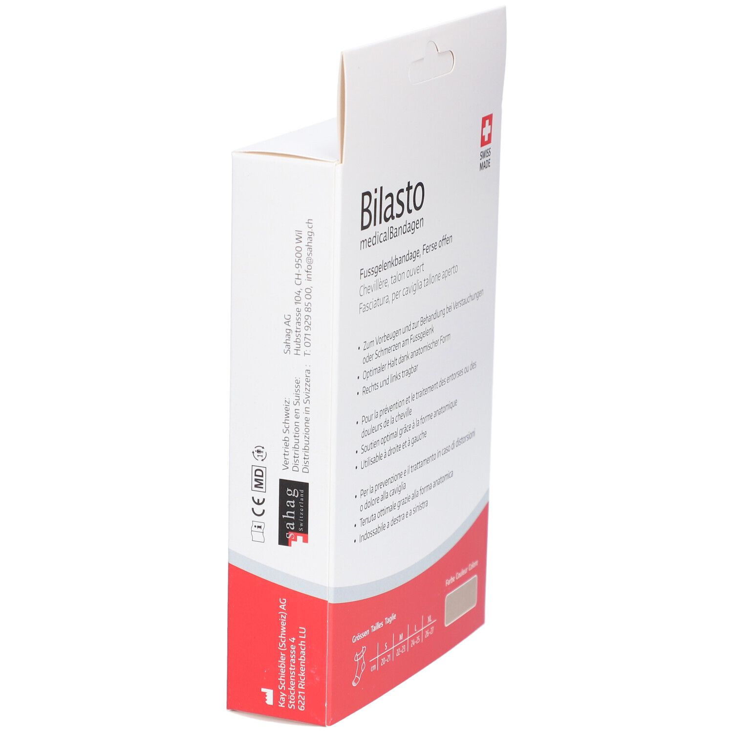 Verpakking van medisch bandage Bilasto. Enkelbrace, open hiel. Swiss Made. CE-markering.