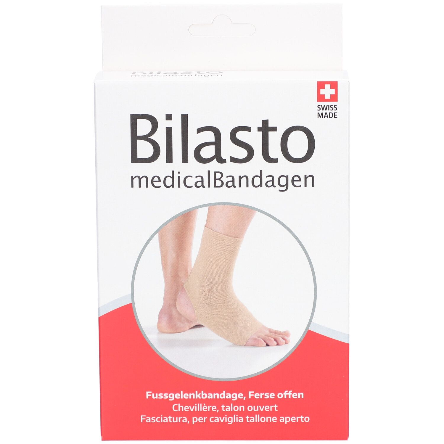 Verpakking van medisch bandage Bilasto. Enkelbrace, open hiel. Swiss Made. Illustratie van voet.